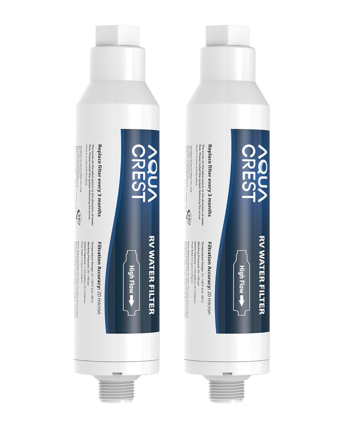 2 PACK, AQUA CREST RV Inline Water Filter with Hose Protector, NSF Certified, Greatly Reduces Chlorine, Bad Taste, Odor in Drinking Water, KDF Filter for RVs and Marines (Packaging May Vary)