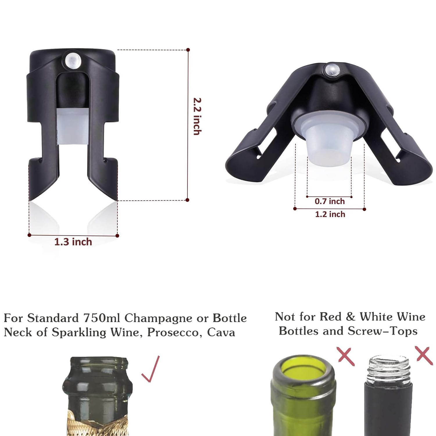 2Pack Champagne Stopper Black - Professional Champagne Saver Bottle Stopper with Pure Silicone Airtight Seal - Stainless Steel Prosecco, Cava, and Sparkling Wine Stopper