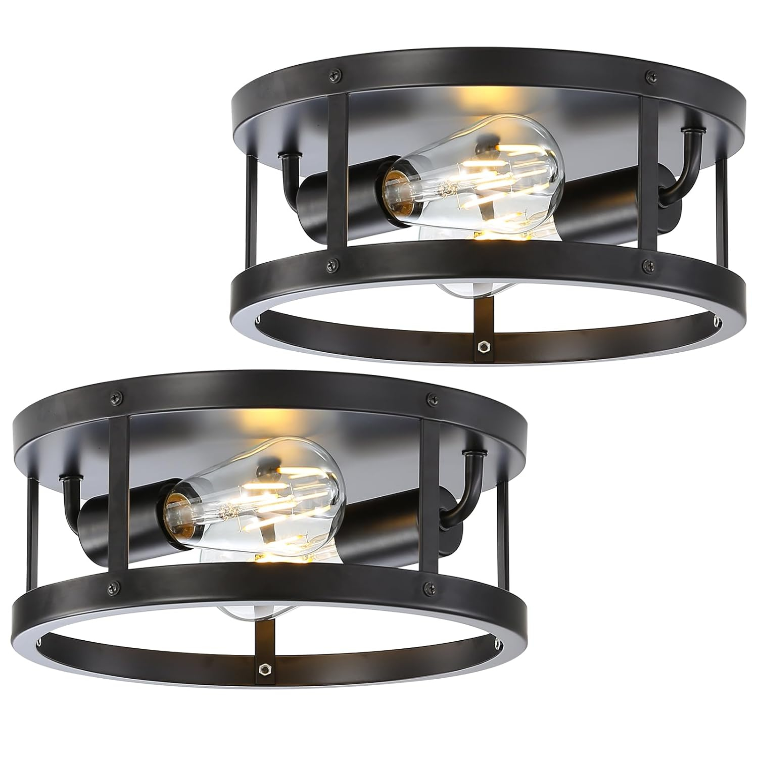 2-Light Industrial Flush Mount Ceiling Light Fixture,Black Farmhouse Ceiling Light Fixture,Modern Flush Mount Light Fixture for Kitchen Bedroom Living Room Hallway 2 Pack