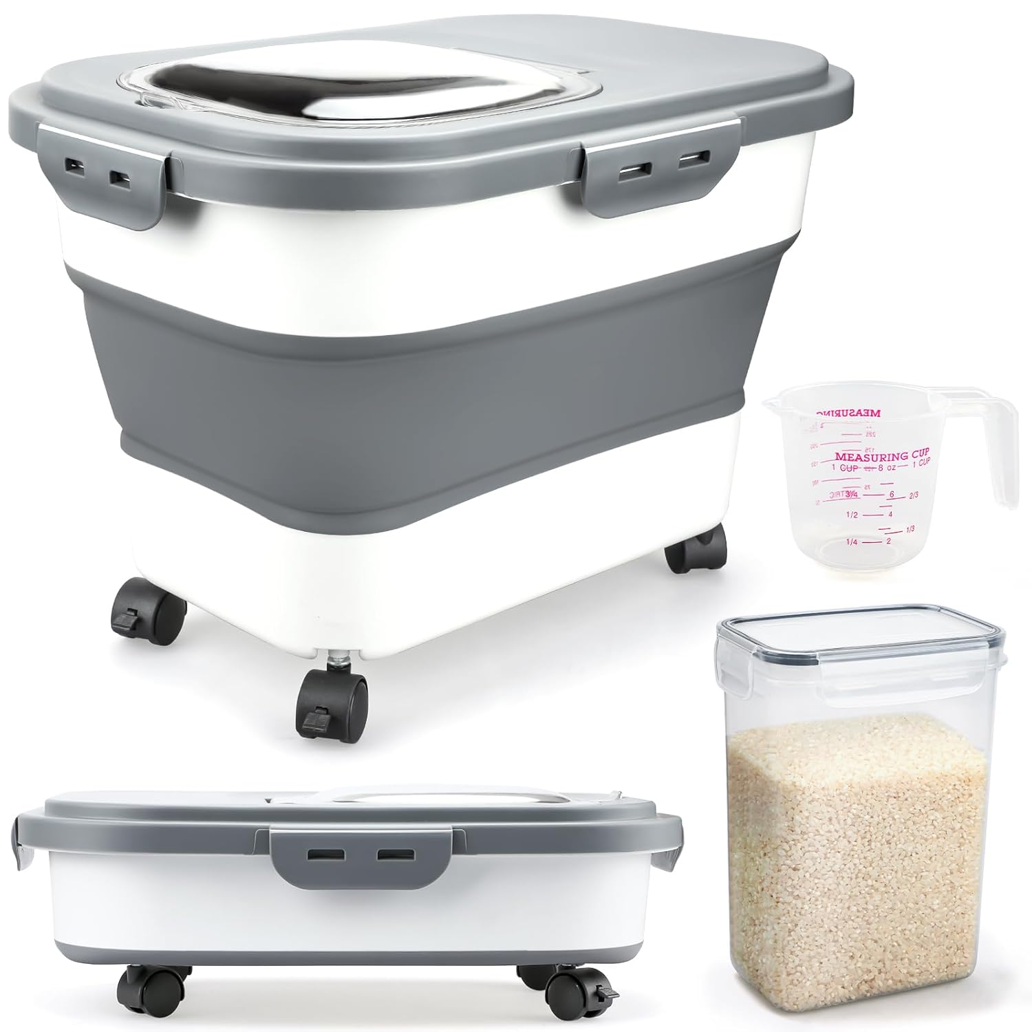 Rice Storage Containers, Collapsible 20 to 30Lbs Food Storage Bin Dispenser with Rolling Wheel and Clear Airtight Lid, BPA Free Flour, Sugar, Cereal and Dog Cat Pet food Containers