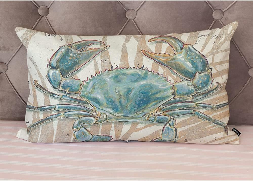 EKOBLA Ocean Beach Theme Decorative Pillow Case Throw Pillow Covers Big Crab Sea Coastal Farmhouse Waist Oblong Rectangle Throw Pillowcase for Sofa Couch Bed Home Cotton Linen 12x20 Inches