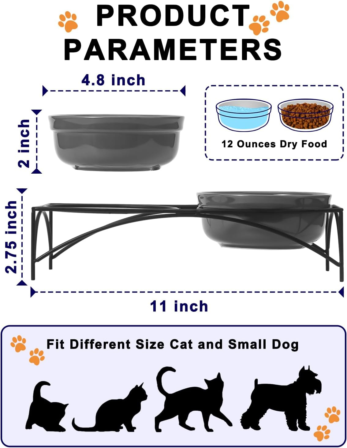 Y YHY Dog&Cat Food Bowls,12OZ Ceramic Raised Pet Bowls for Food and Water, Two Elevated Pet Dishes Bowls 2.75” Height Sturdy Metal Stand, Grey