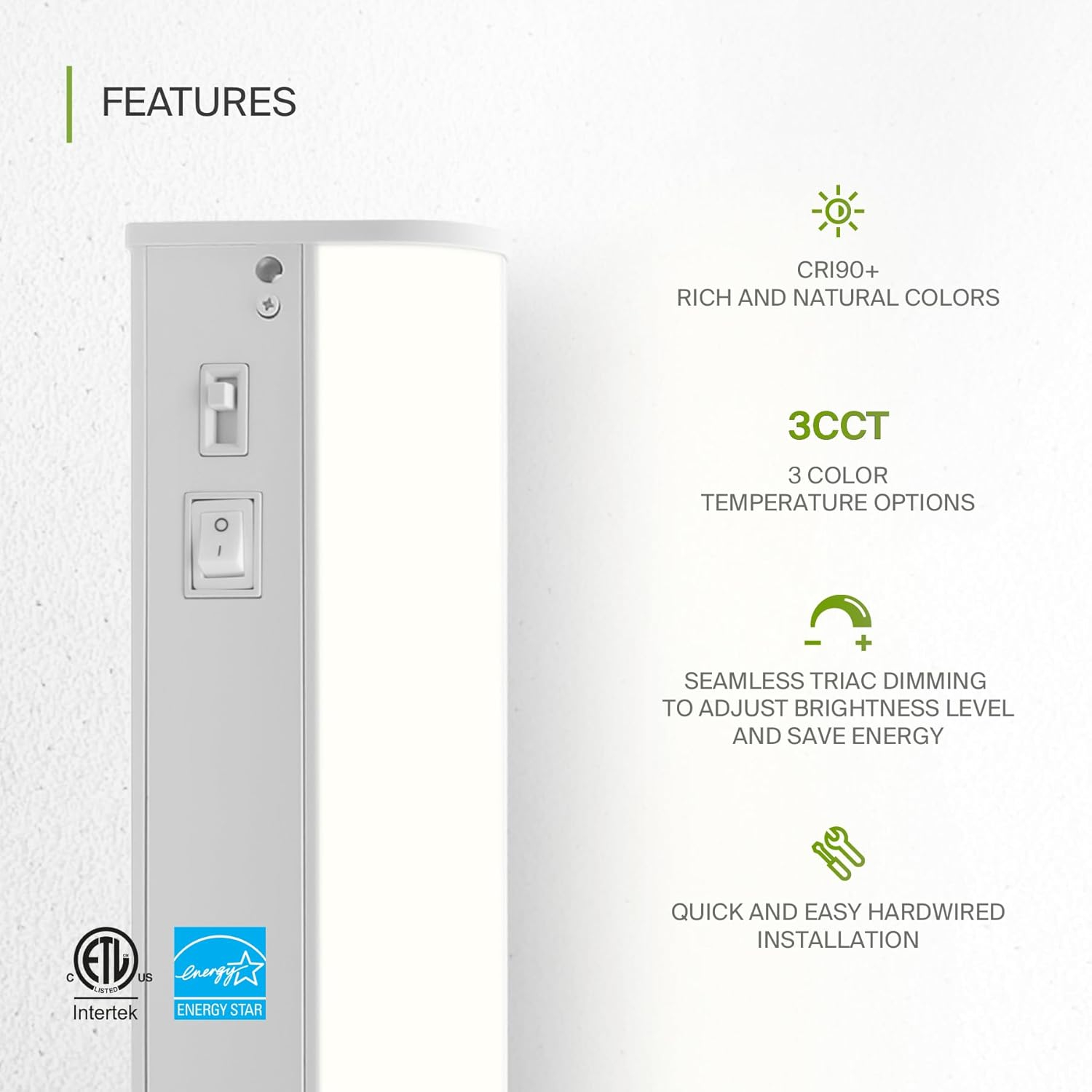 ASD LED Under Cabinet Lighting, 24 inch 12W 822LM, Dimmable Hardwired Under Cabinet Lights for Kitchen, 3000K Soft/4000K Cool/5000K Daylight, Under Counter Light Fixtures, ETL Energy Star White 2 Pack