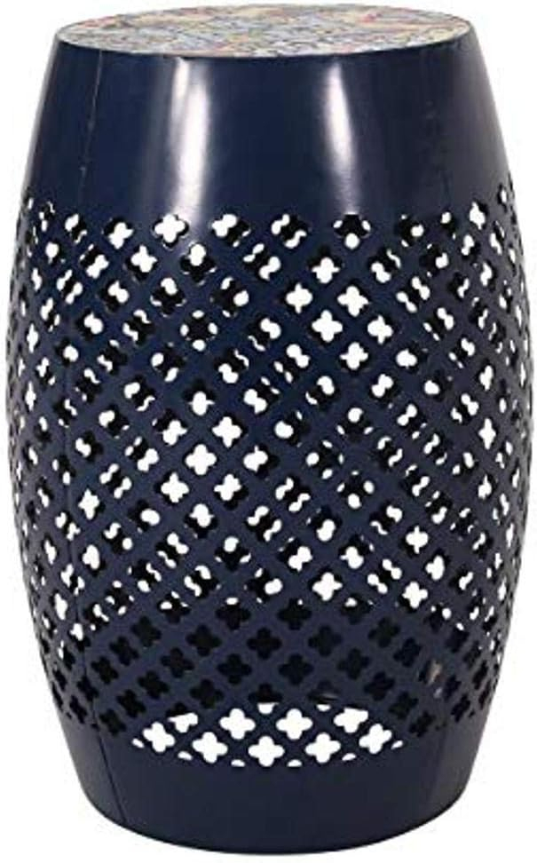 GDF Studio Kalyse Outdoor Lace Cut Side Table with Tile Top, Dark Blue and Multicolored