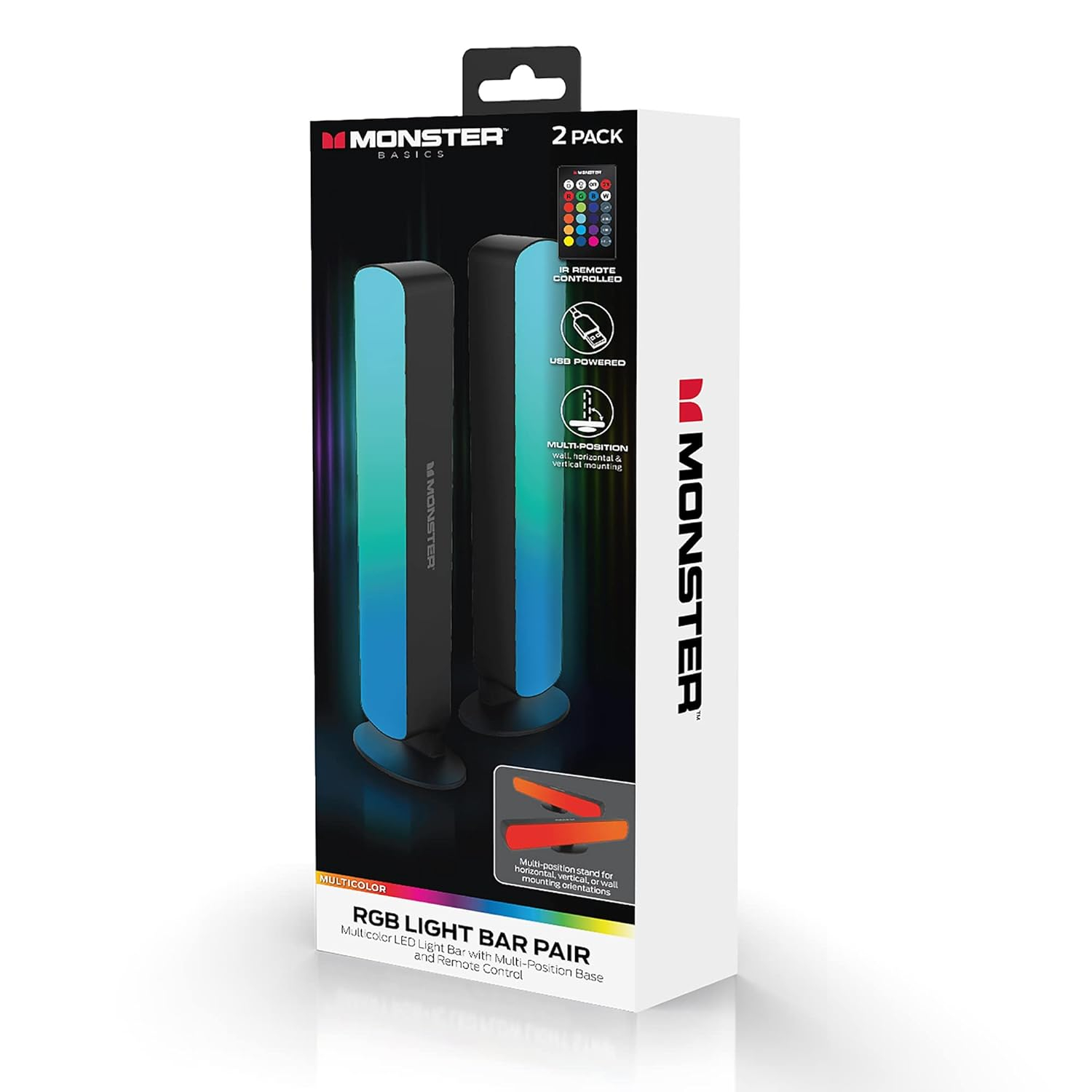 Monster 2-Pack Multi-Color LED Light Bar with Multi-Position Base, with Remote, All Occasion, Office