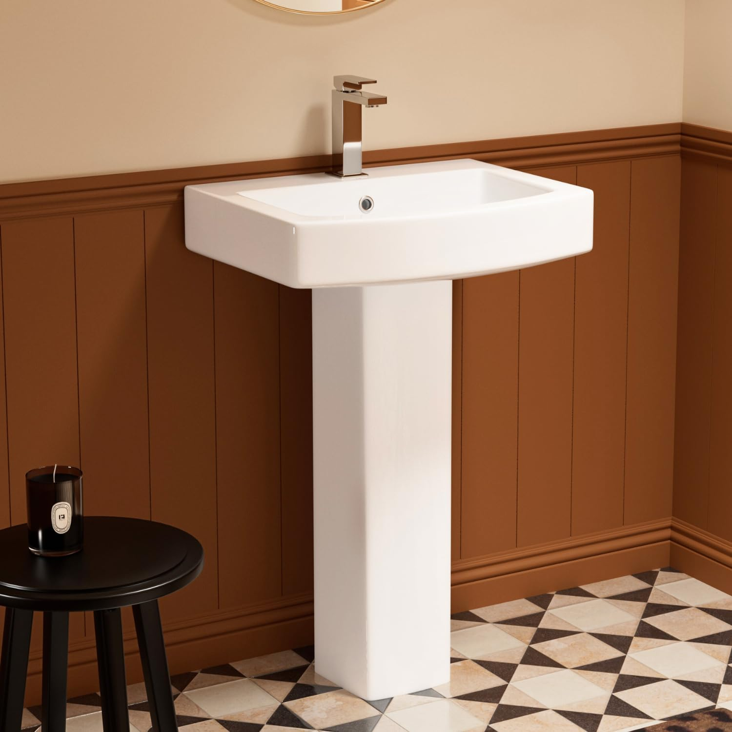 Classic Vintage Bathroom Pedestal Sink, Los Flexi 23"W x 19"D White Ceramic Freestanding Sinks for bathrooms, Overflow, 3 Pre-Drilled Holes for 4-Inch Faucets, Easy Install