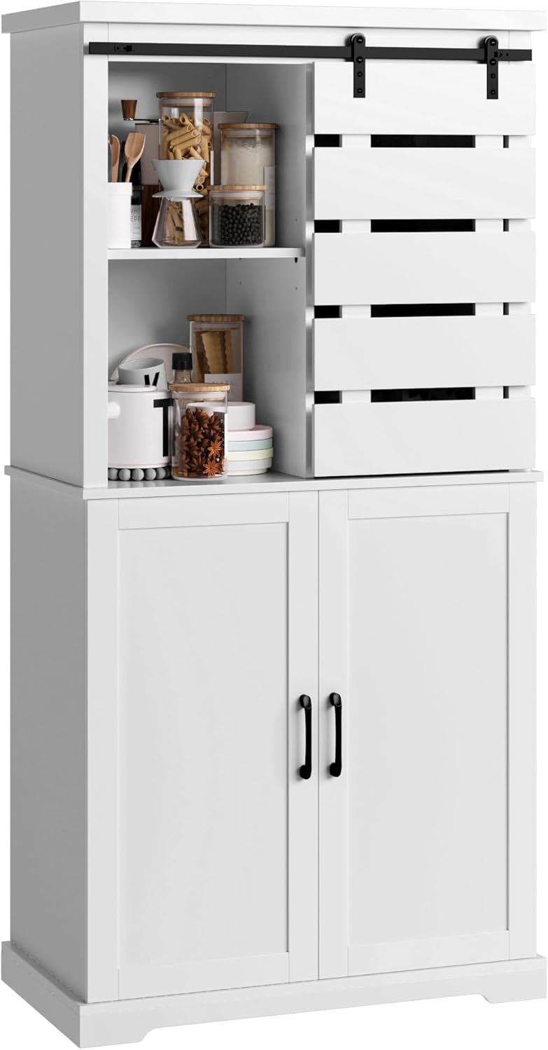 Tall Kitchen Pantry, Large Wood Storage Cabinet with Sliding Barn Door and Adjustable Shelves, Tall Freestanding Cupboard for Dining Room, Living Room, Laundry, White