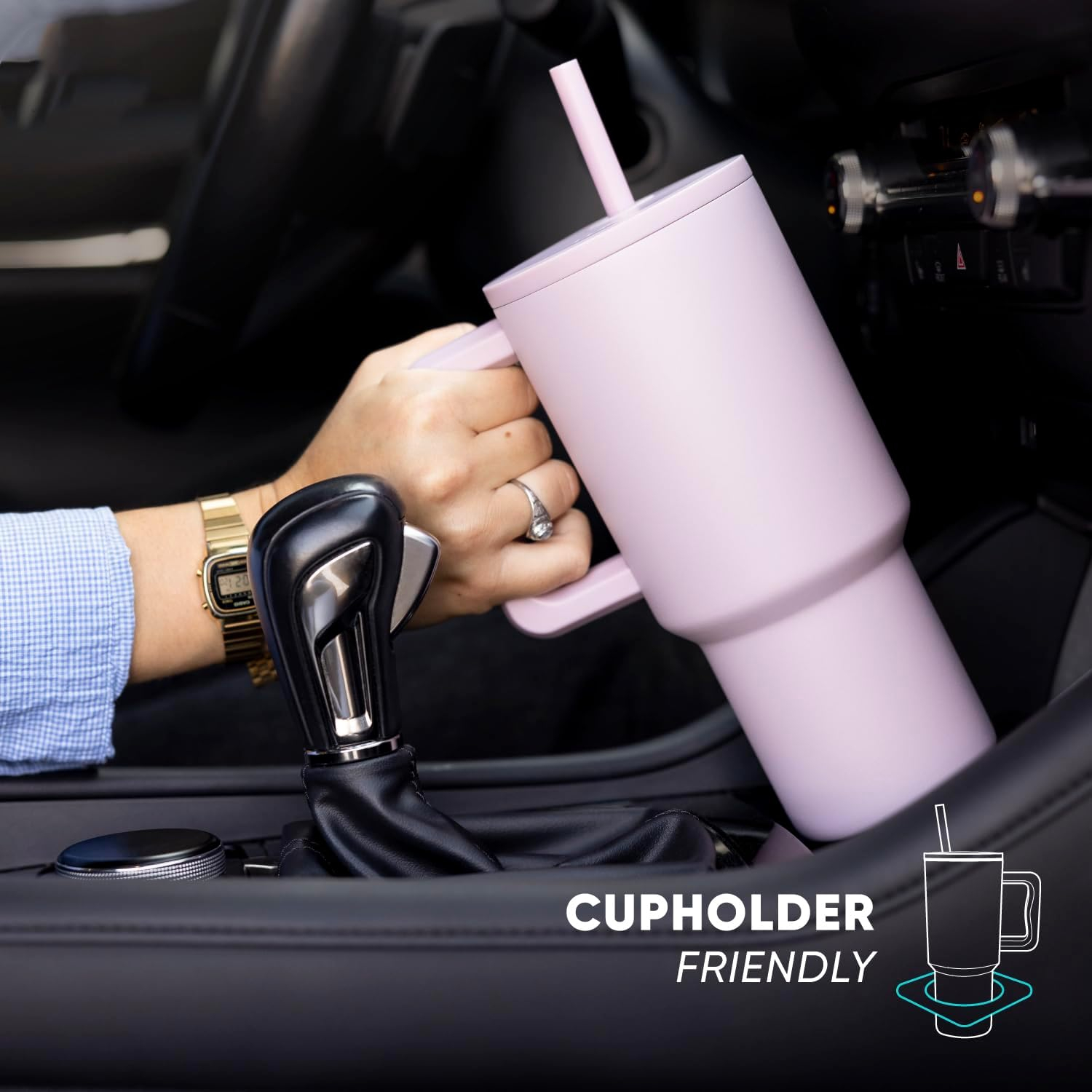 Simple Modern 40 oz Trek Tumbler with Handle and Straw Lid | Cup Holder Friendly Insulated Stainless Steel Travel Mug | Pink Candy Cane Toss