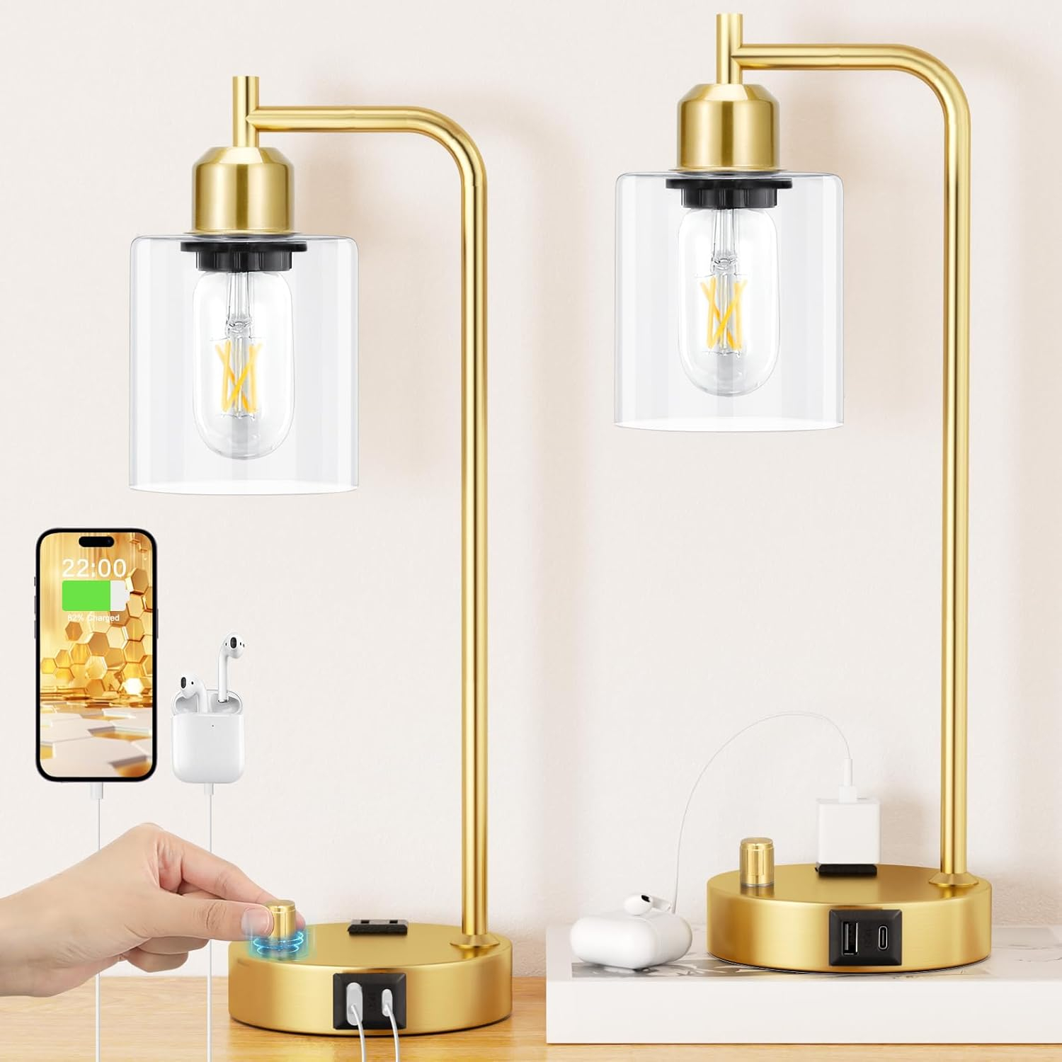 【Upgraded】Set of 2 Industrial Table Lamps with 2 USB Port, Fully Stepless Dimmable Bedside Lamps for Bedroom, Nightstand Desk Lamps with Glass Shade for Bedroom Living Room Office 2 LED Bulb Included