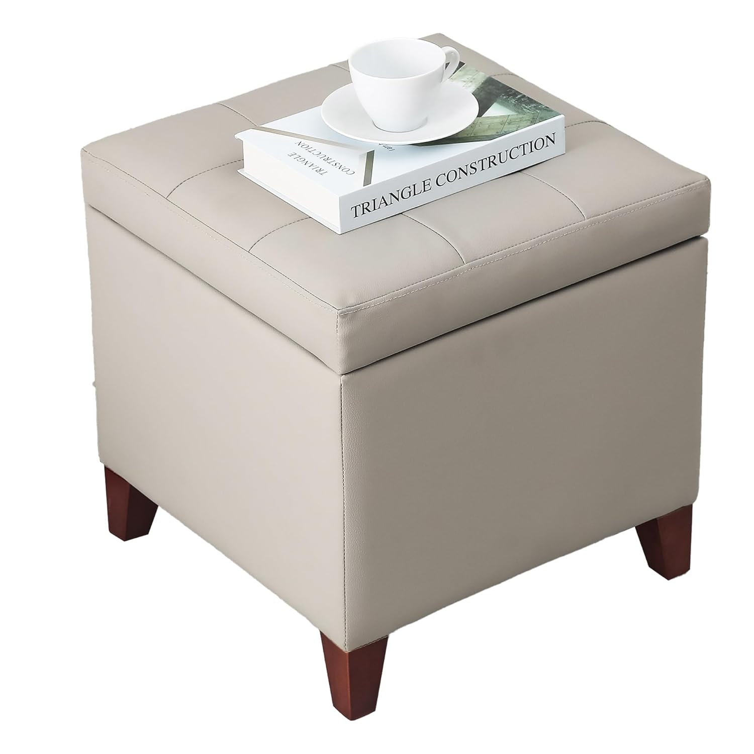 Elephant Grey Faux Leather Tufted Storage Ottoman with Cherry Wood Legs