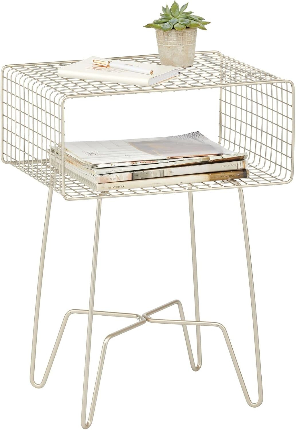 mDesign Modern Industrial Side Table with Storage Shelf, 2-Tier Metal Minimal End Table, Metallic Caged Grid - Accent Furniture for Living Room, Bedroom, Office, Dorm, Concerto Collection, Satin