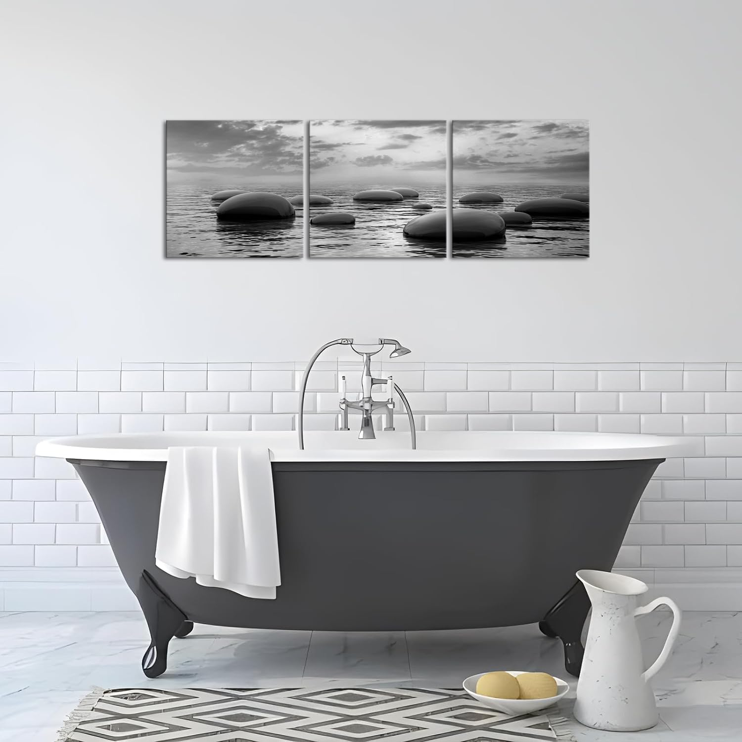 3 Panels Black And White Sea Rock Stone Zen Wall Art Seascape Painting Pictures Print for Home Office Bedroom Bathroom Decor Ready to Hang 12x12inchx3pcs