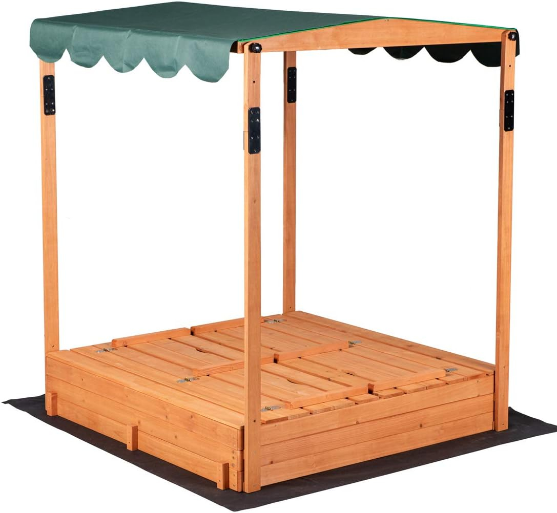 Wooden Outdoor Kids Sandbox Convertible Canopy Covered Sand Box Bench Seat Storage