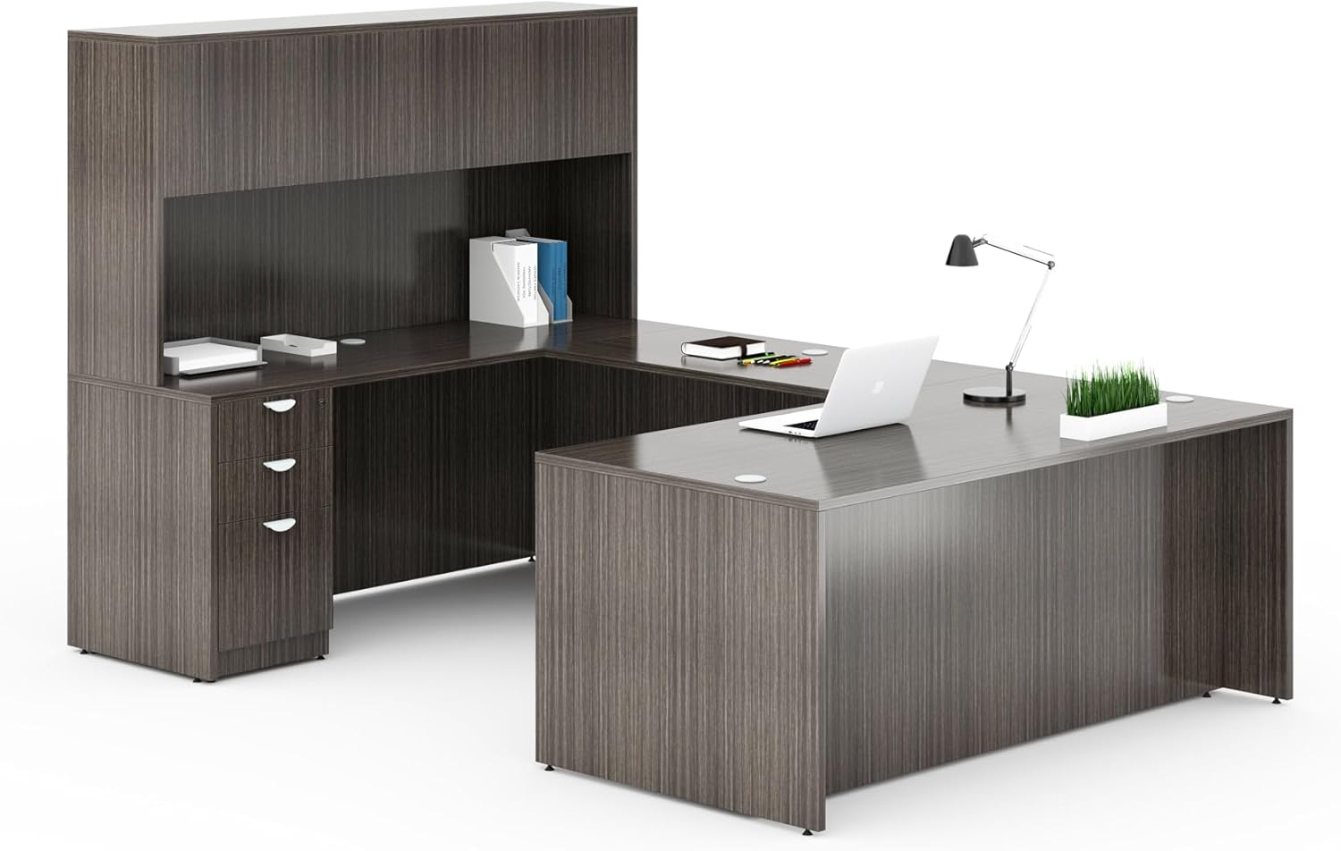 Boss Office Products Holland Series Executive U-Shaped Desk With File Storage Pedestal And Hutch, Driftwood