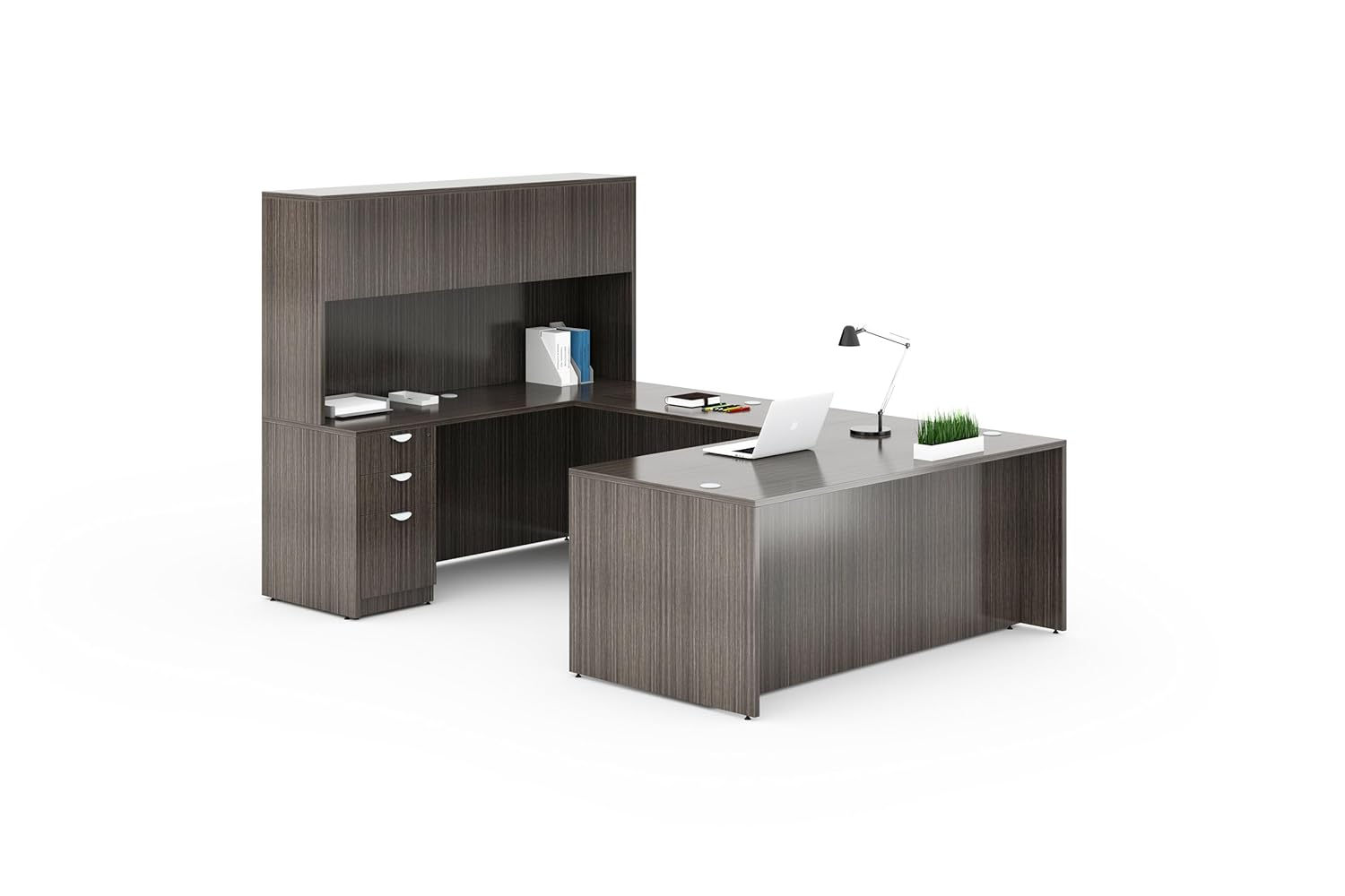 Boss Office Products Holland Series Executive U-Shaped Desk With File Storage Pedestal And Hutch, Driftwood