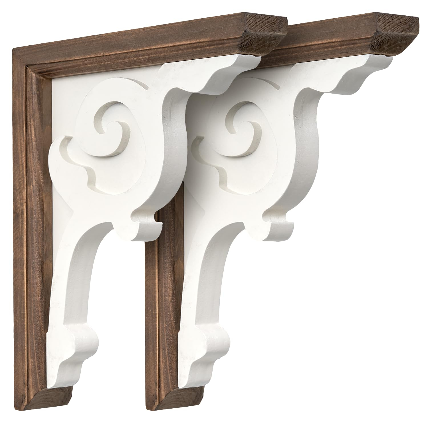 American Art Decor Set of 2 Corbel Shelf Brackets - Vintage Decorative Shelving & Storage - Rustic Farmhouse Decor for Living Room, Bedroom, Kitchen, Office & More (Brown & White, 12”x2 x7.75”)