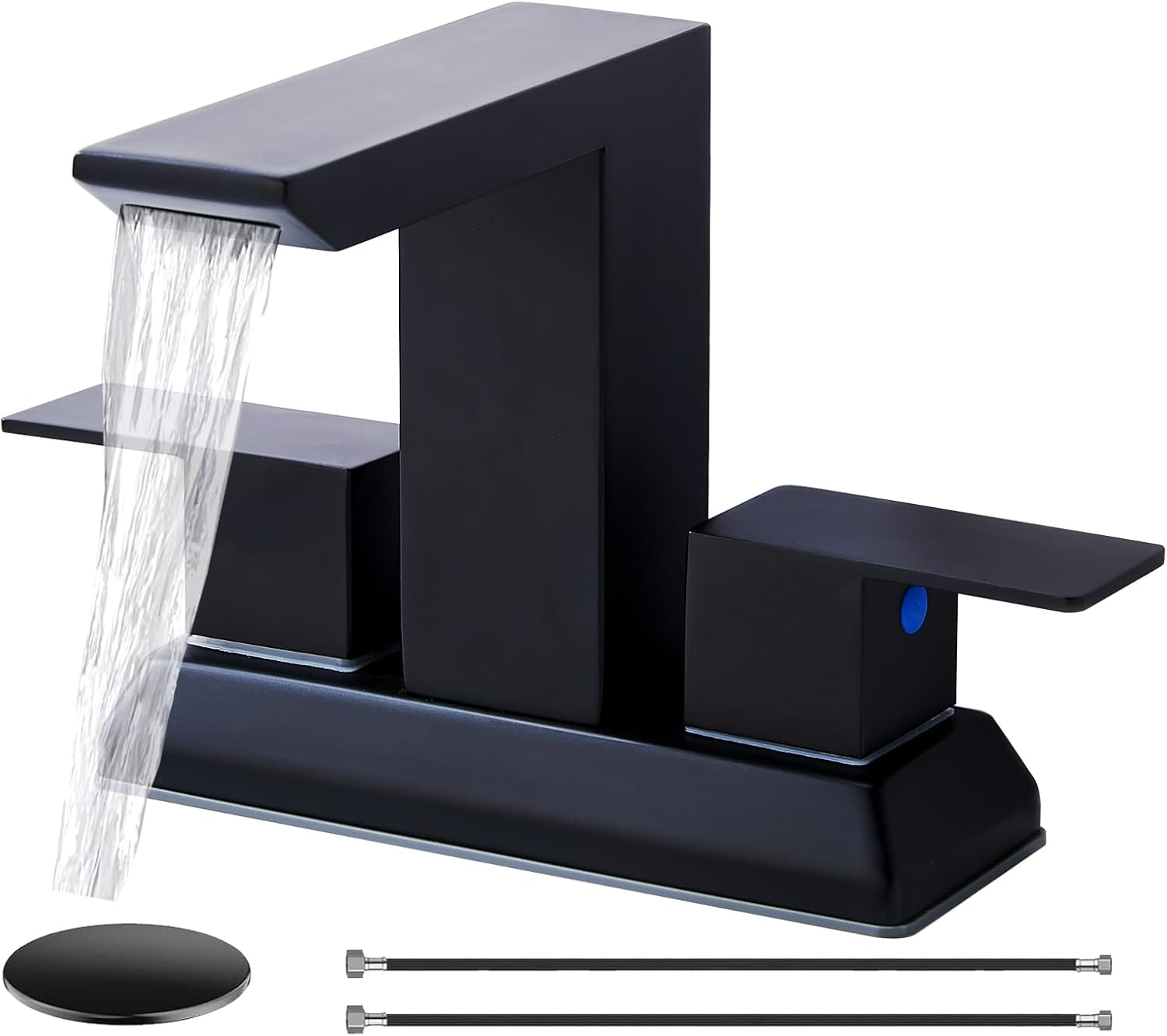 SHACO Black 4 Inch Centerset Bathroom Faucets 3 Hole or 2 Hole, Matte Black 2 Handle Waterfall Vanity Faucet, Lavatory Mixer Tap RV Sink Faucet with Overflow Pop Up Drain and Hose, SC-ZT907B-NEW1
