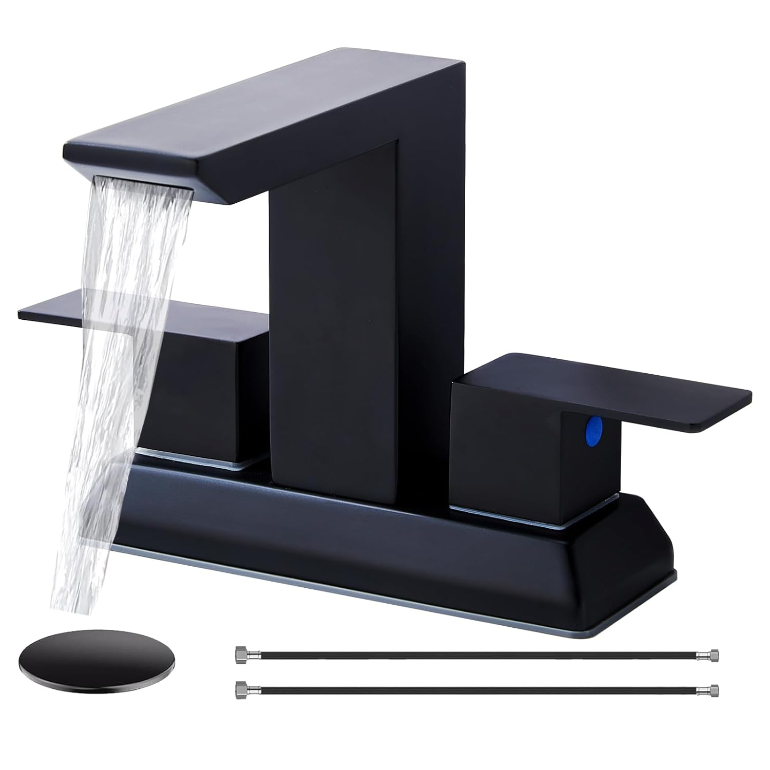 SHACO Black 4 Inch Centerset Bathroom Faucets 3 Hole or 2 Hole, Matte Black 2 Handle Waterfall Vanity Faucet, Lavatory Mixer Tap RV Sink Faucet with Overflow Pop Up Drain and Hose, SC-ZT907B-NEW1