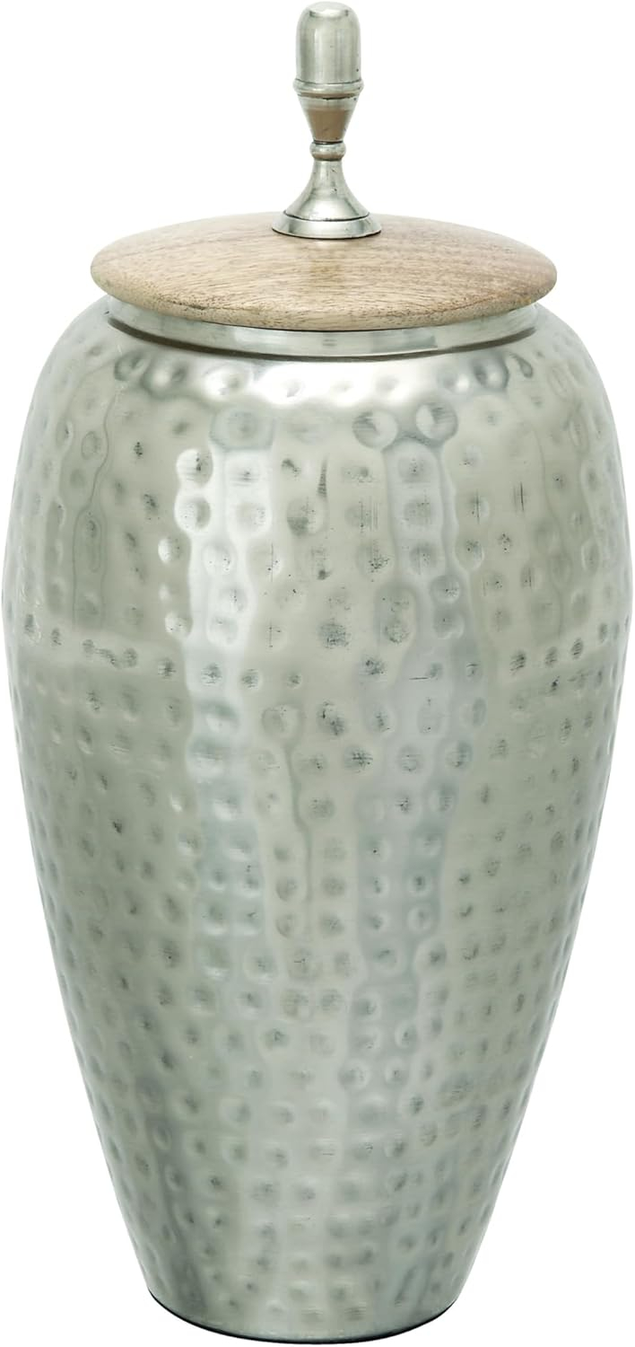 DecMode 7" x 16" Silver Metal Hammered Decorative Jars, 1-Piece
