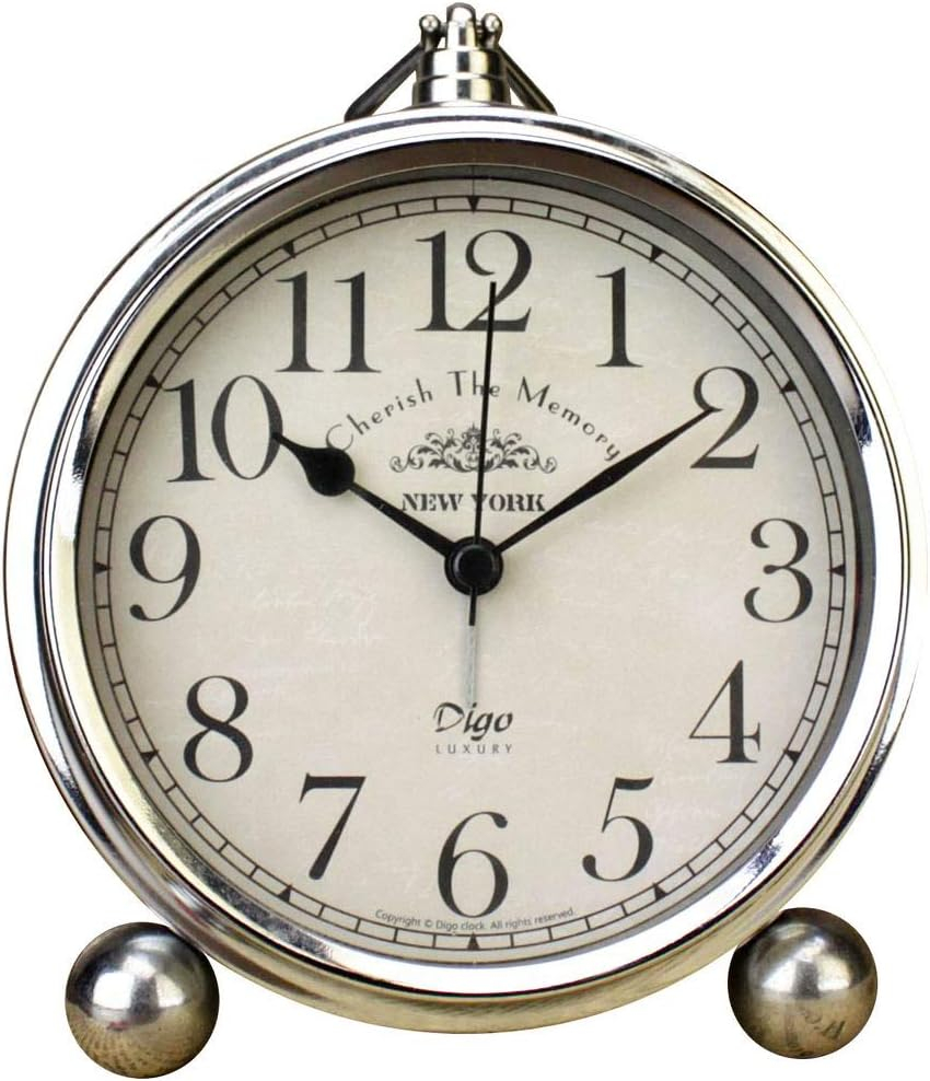 Vintage Table Clock, Iron European Style Desk Clock Battery Operated Non-Ticking Mantle Clock for Home Decor