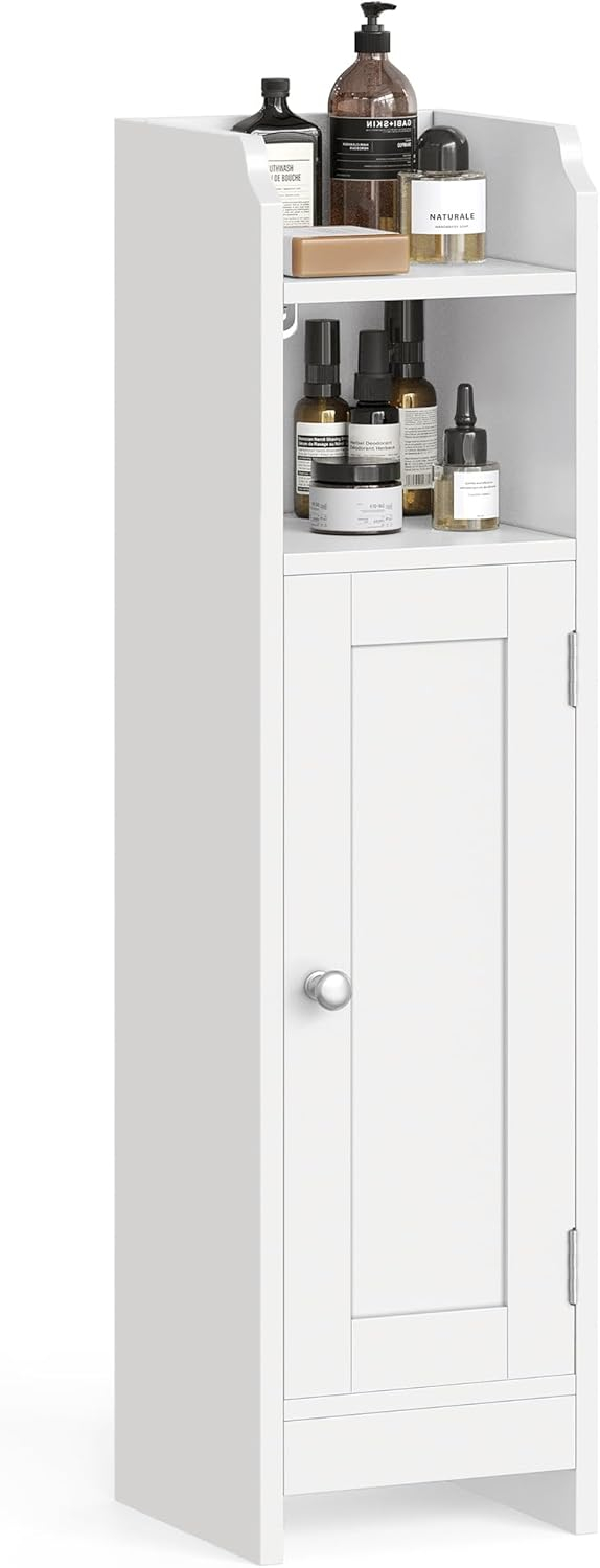 White MDF Narrow Bathroom Storage Cabinet with Adjustable Shelves