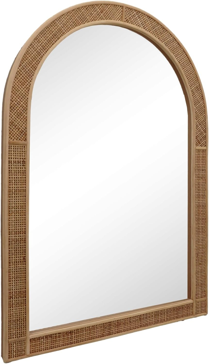 Parisloft Boho Arch Rattan Mirror - 25.5 x 37.4 Inch, Decorative Wall Mirror for Bathroom, Bedroom or Living Room, Natural