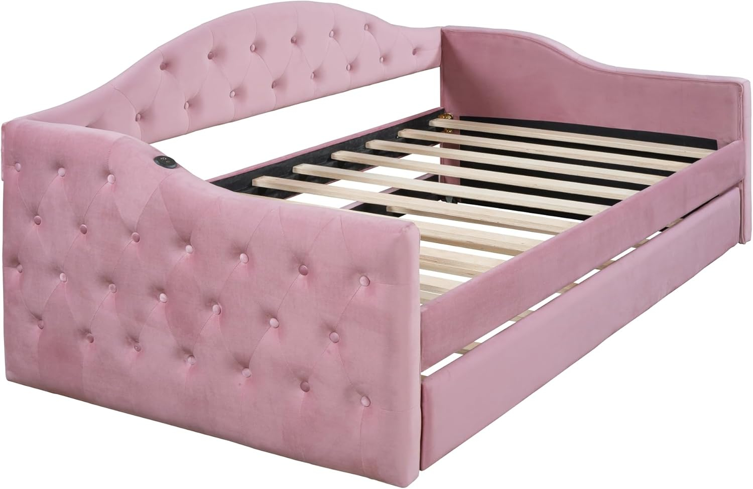 Twin Size Tufted Upholstered Daybed Bed Frame for Boys Girls Kids Adults Toddler with Trundle,Velvet Sofabed with USB&Type-C Charging Ports,No Box-Spring Needed, Pink