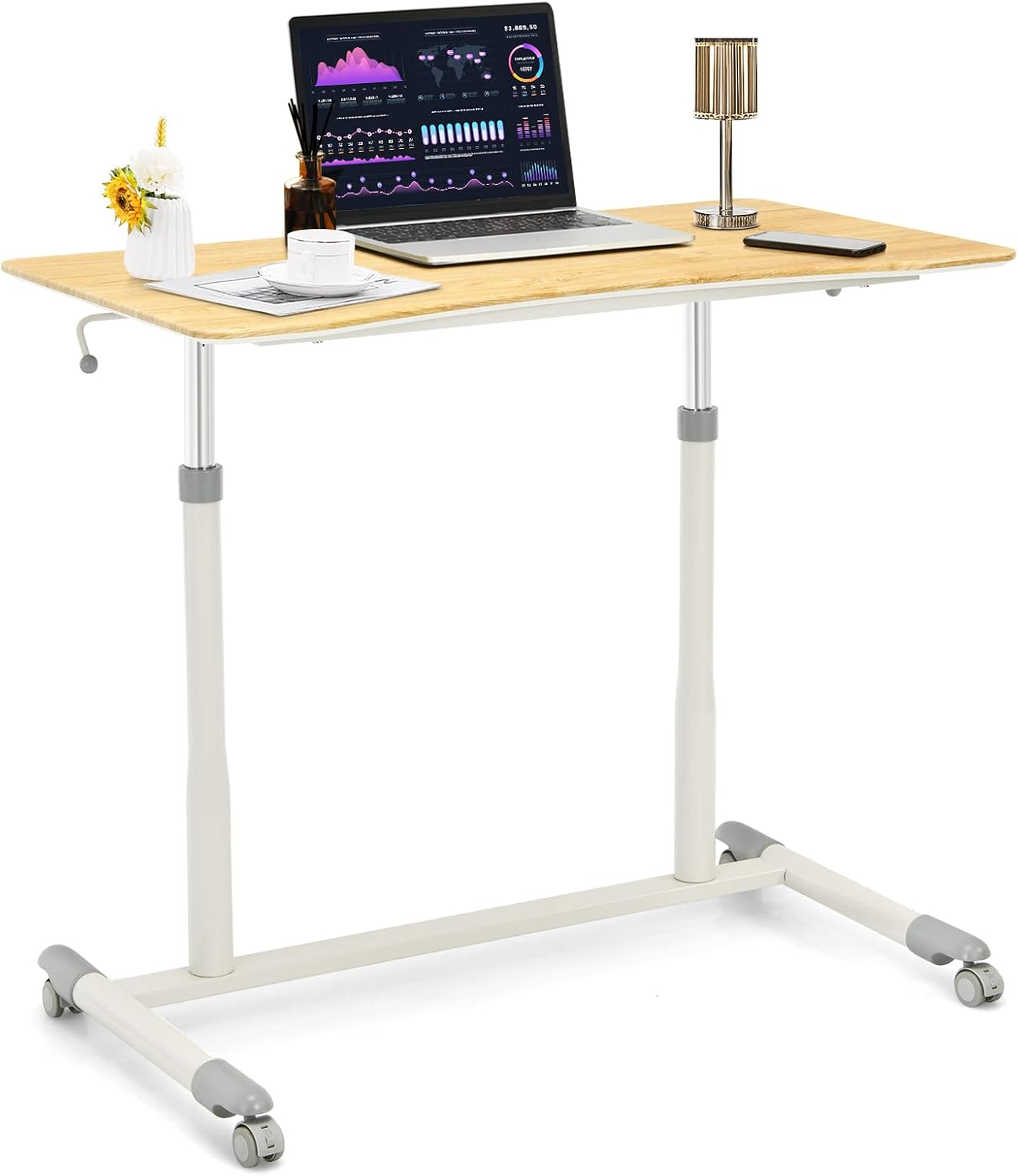 Goplus Height Adjustable Computer Desk Sit Stand Rolling Notebook Table Natural