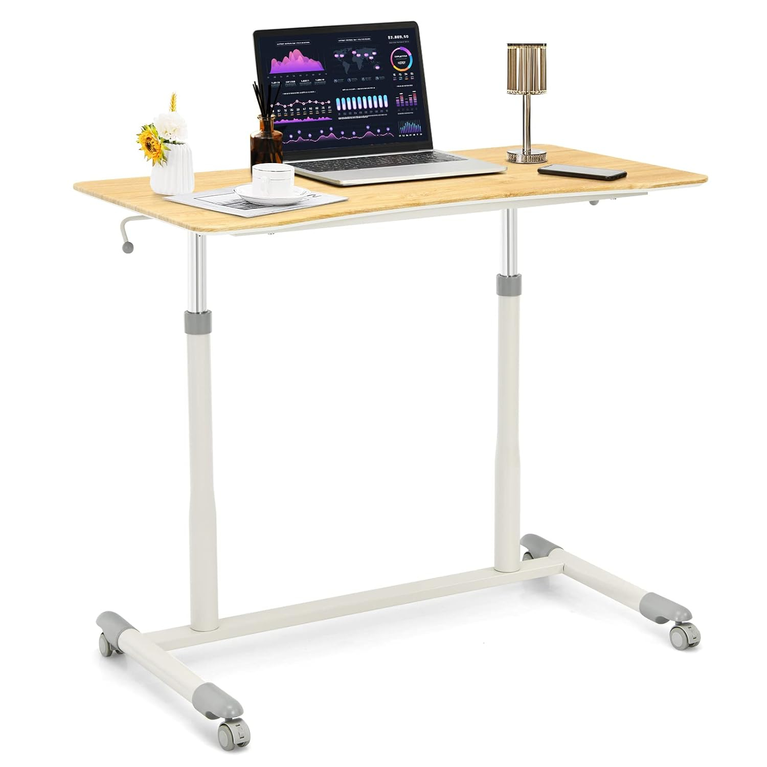 Goplus Height Adjustable Computer Desk Sit Stand Rolling Notebook Table Natural