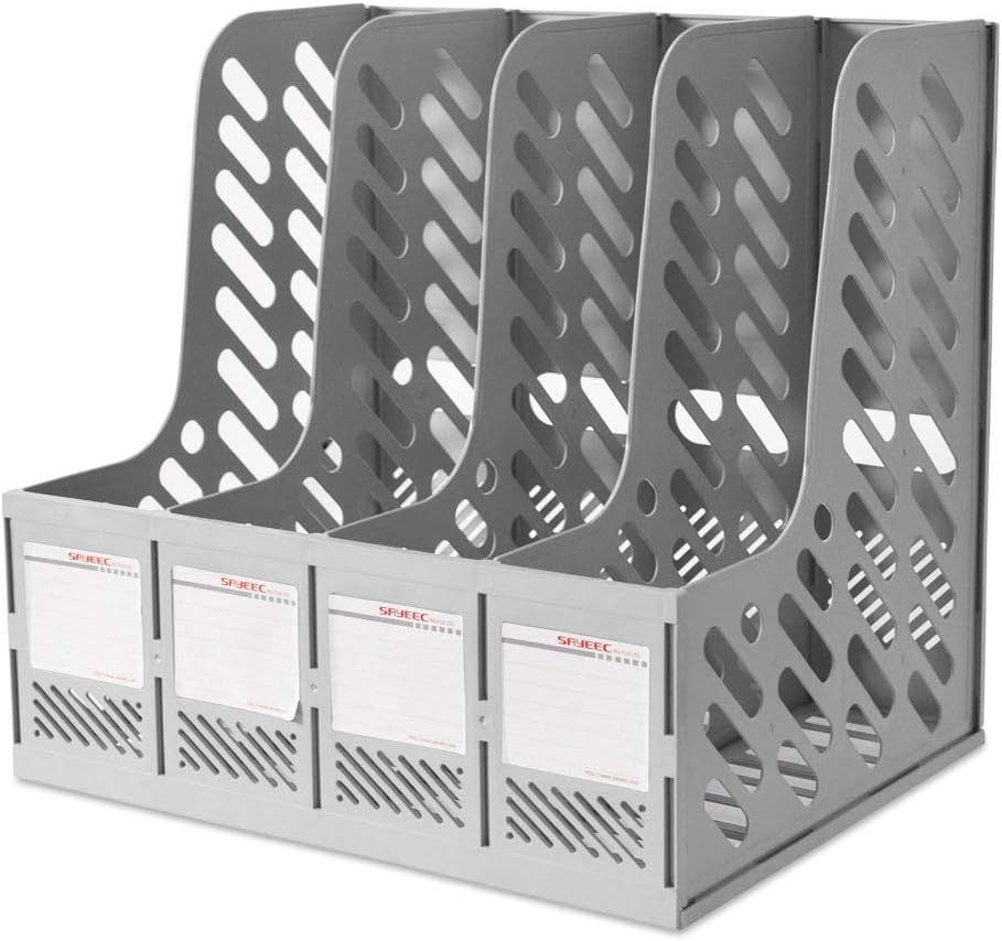 SAYEEC File Holder Plastic Magazine Organizer for Desk Vertical 4 Compartment Binder Folder for Office Home Storage,Gray