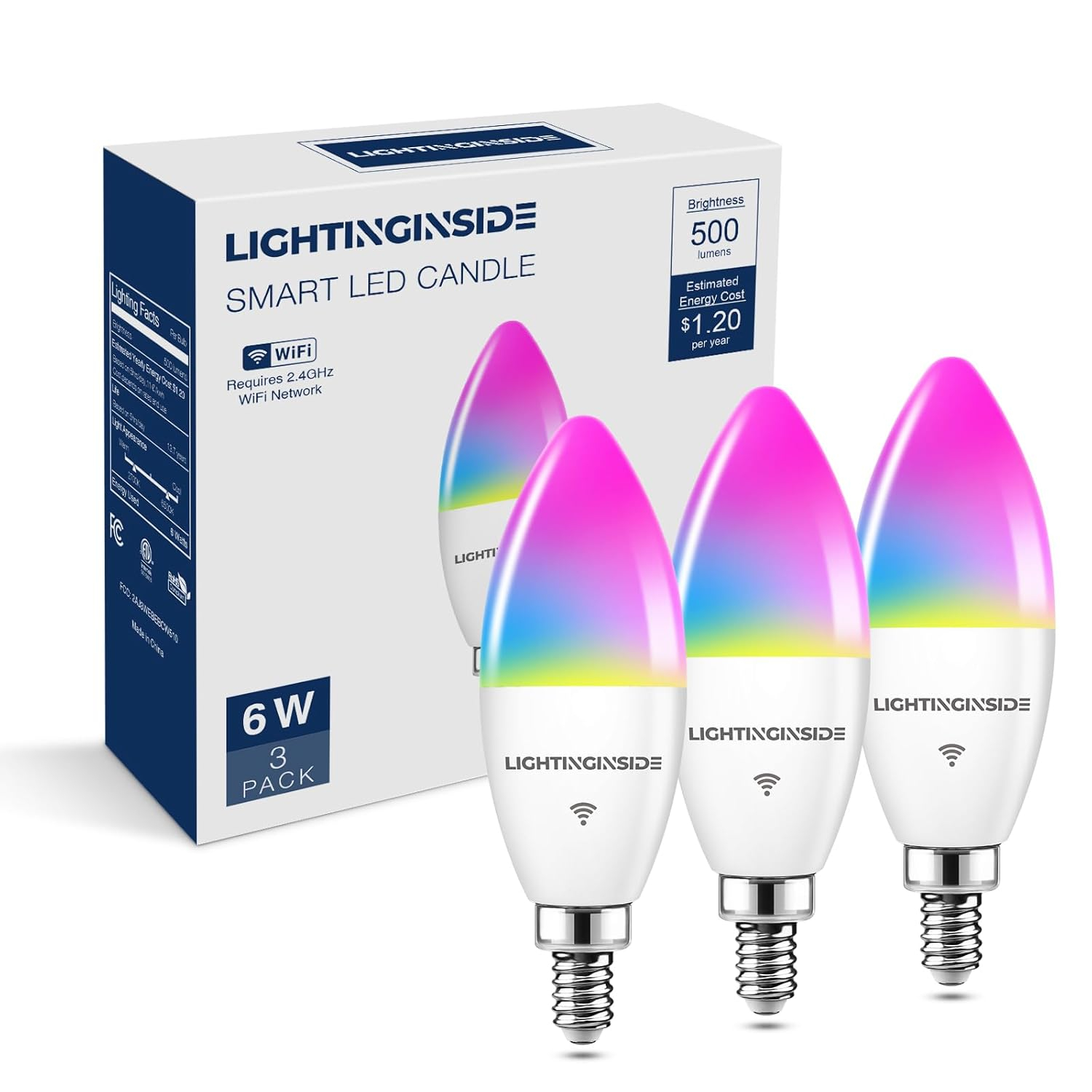 Candelabra Smart Light Bulbs 60W Equivalent, 500LM 6W E12 LED Bulb Compatible with Alexa/Google Home, RGBCW Candle Bulb for Chandelier, No Hub Required, 2.4G WiFi Only, ETL Listed, 1PC