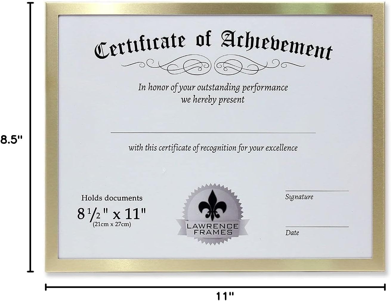 Certificate-size Brushed-Gold Aluminum 11x8one-half inch frame by Lawrence - 8.5x11