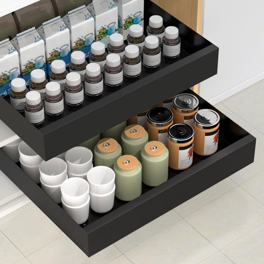 Pull Out Cabinet Organizer, Carbon Steel Cabinet Drawers Slide Out, Pantry Storage Shelves with Nano Adhesive Strip for Kitchen, Bathroom and Living Room 10.3" W X 17.0" D X 2.8H Grey