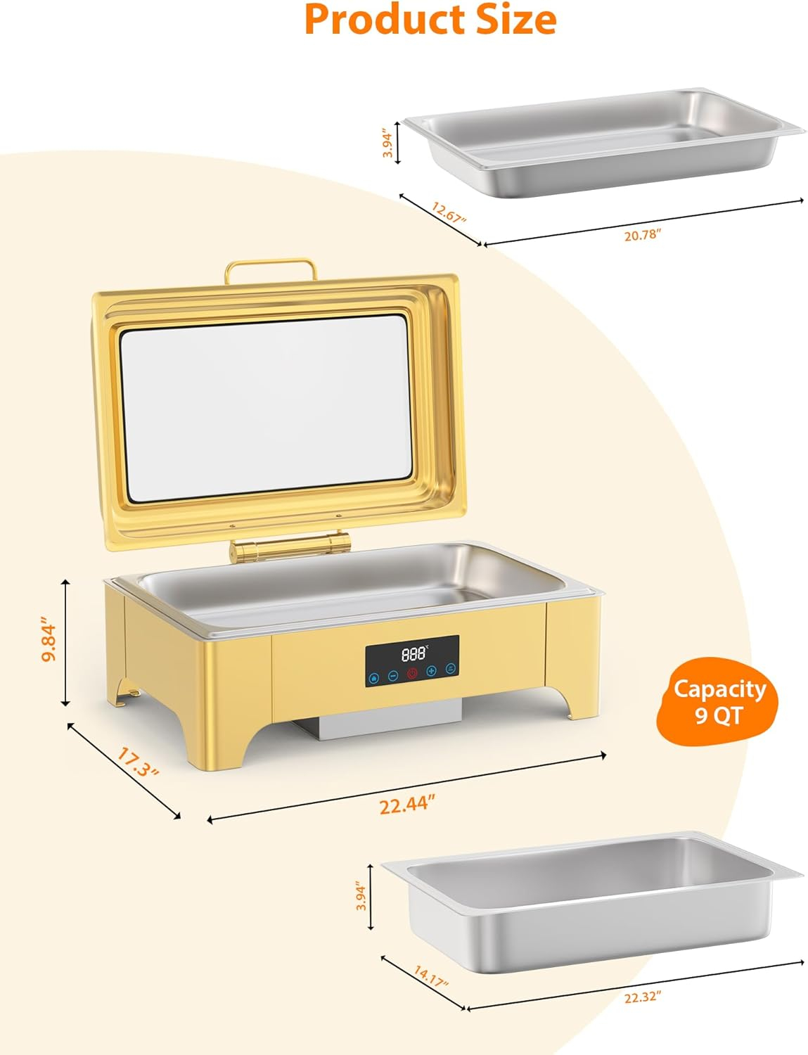 Gold Stainless Steel 9QT Electric Chafing Dish with Touch Screen