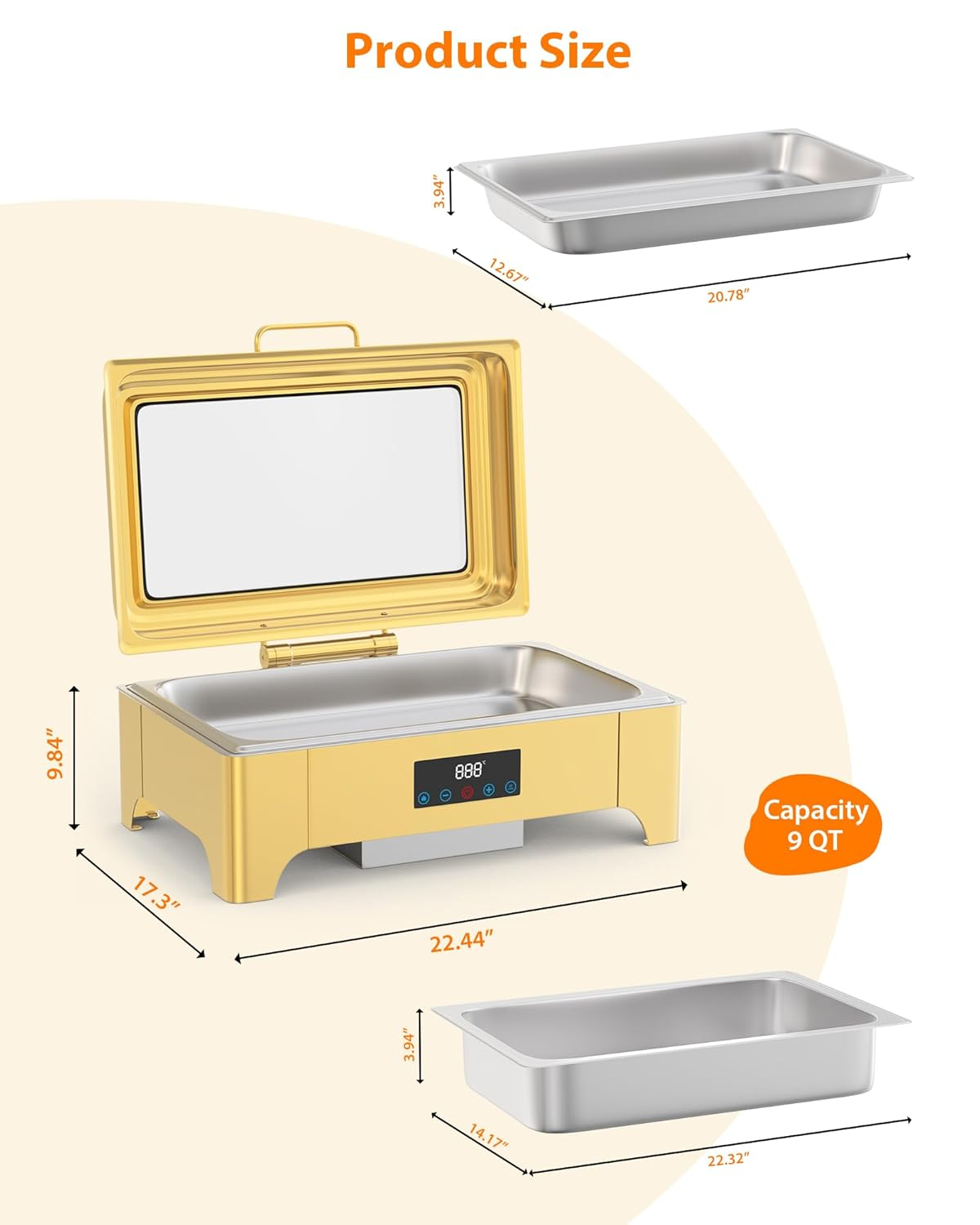 Gold Stainless Steel 9QT Electric Chafing Dish with Touch Screen