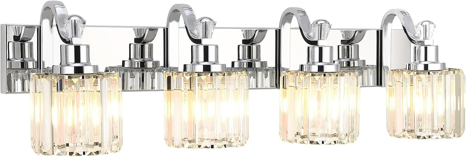 GAOMON LED Modern Crystal Bathroom Vanity Lights Over Mirror, Chrome Bathroom Light Fixtures Wall Light (4-Light)