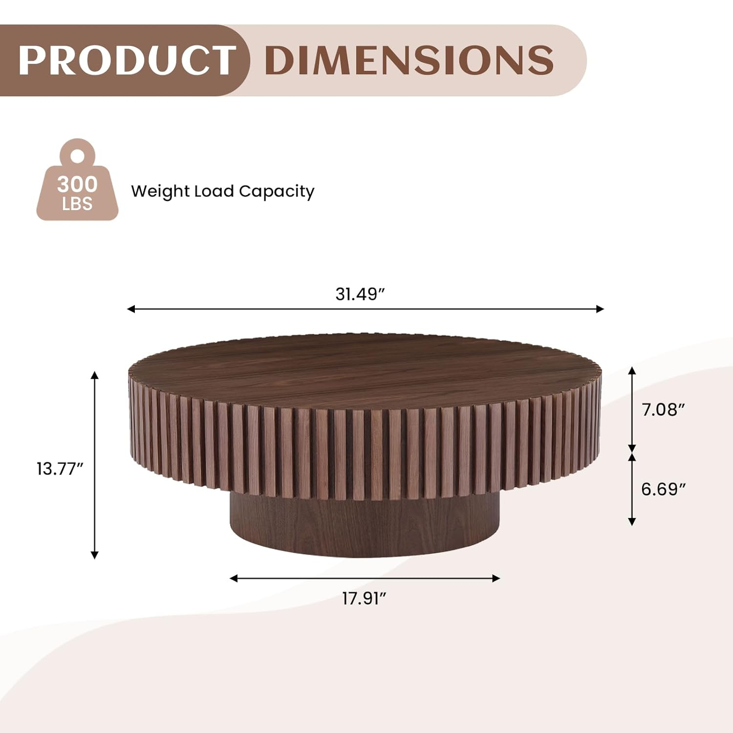 31.49'' Round Coffee Table, Wood End Table for Living Room, Modern Contemporary Circle Fluted Drum Side Table, Easy Assembly for Small Space, Walnut
