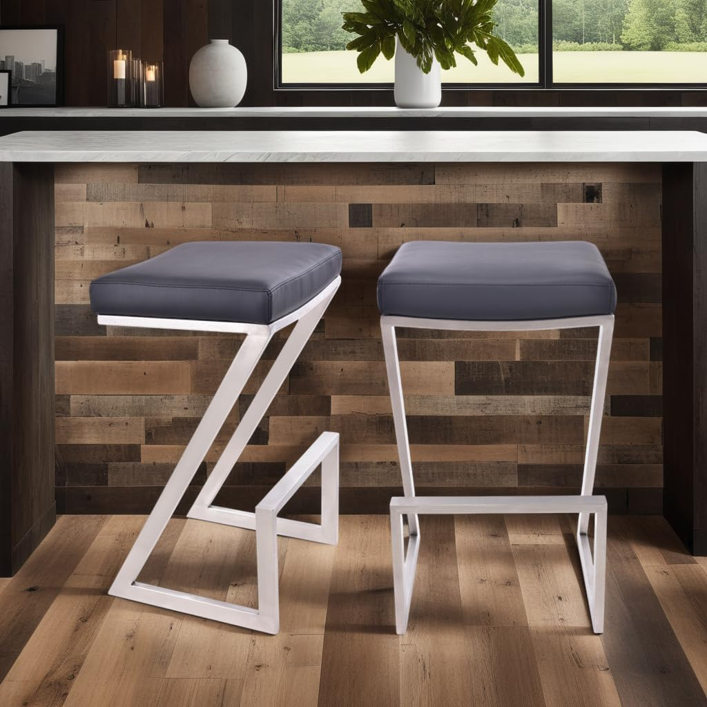 Armen Living Atlantis Backless Faux Leather and Brushed Stainless Steel Bar Stool