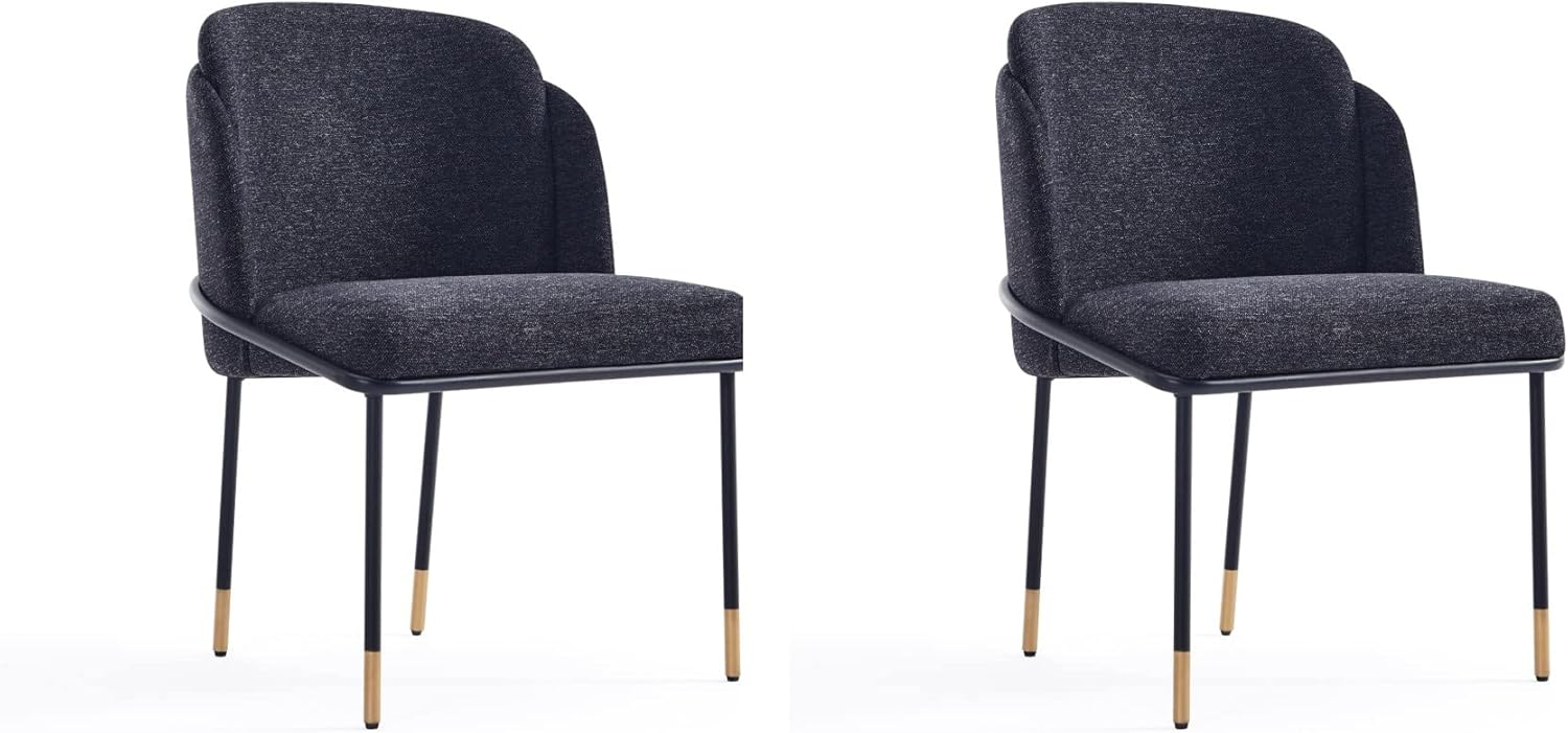 Manhattan Comfort Flor Dining Chair with Metal Legs, Upholstered in Twill Weave Fabric, Padded Cushions, Ergonomic Winged Back Design, Gold Metal Accents, Fully Assembled, 2 Piece Set, Black