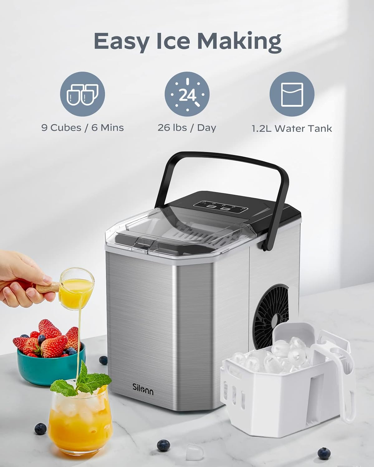 Silonn Ice Maker Countertop, Portable Ice Machine with Carry Handle, Self-Cleaning Ice Makers with Basket and Scoop, 9 Cubes in 6 Mins, 26 lbs per Day, Ideal for Home, Kitchen, Camping, RV