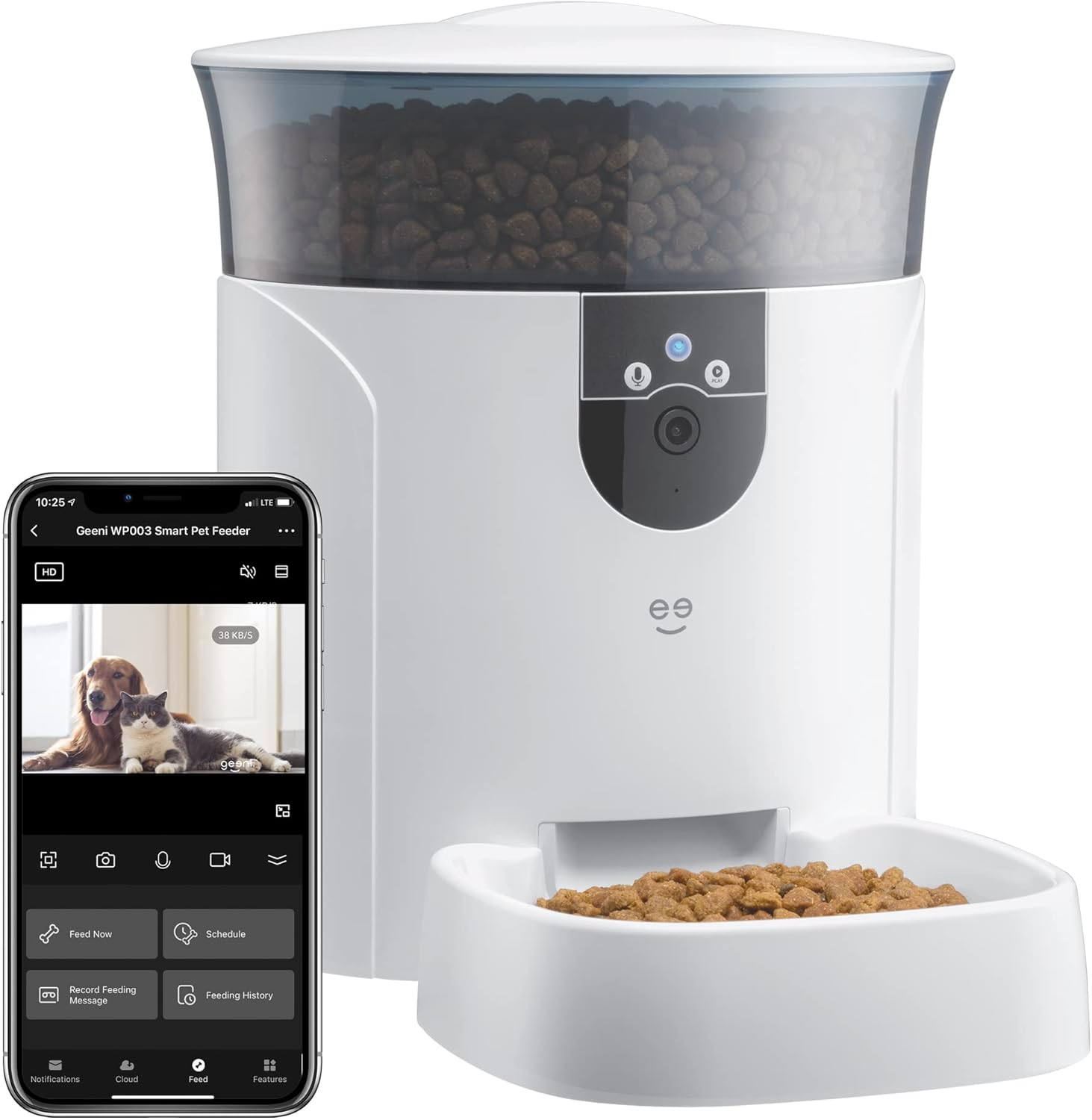 Geeni Pet Connect Feeder with Camera, 7 Liter Automatic Pet Dog & Cat Pet Feeder HD Camera