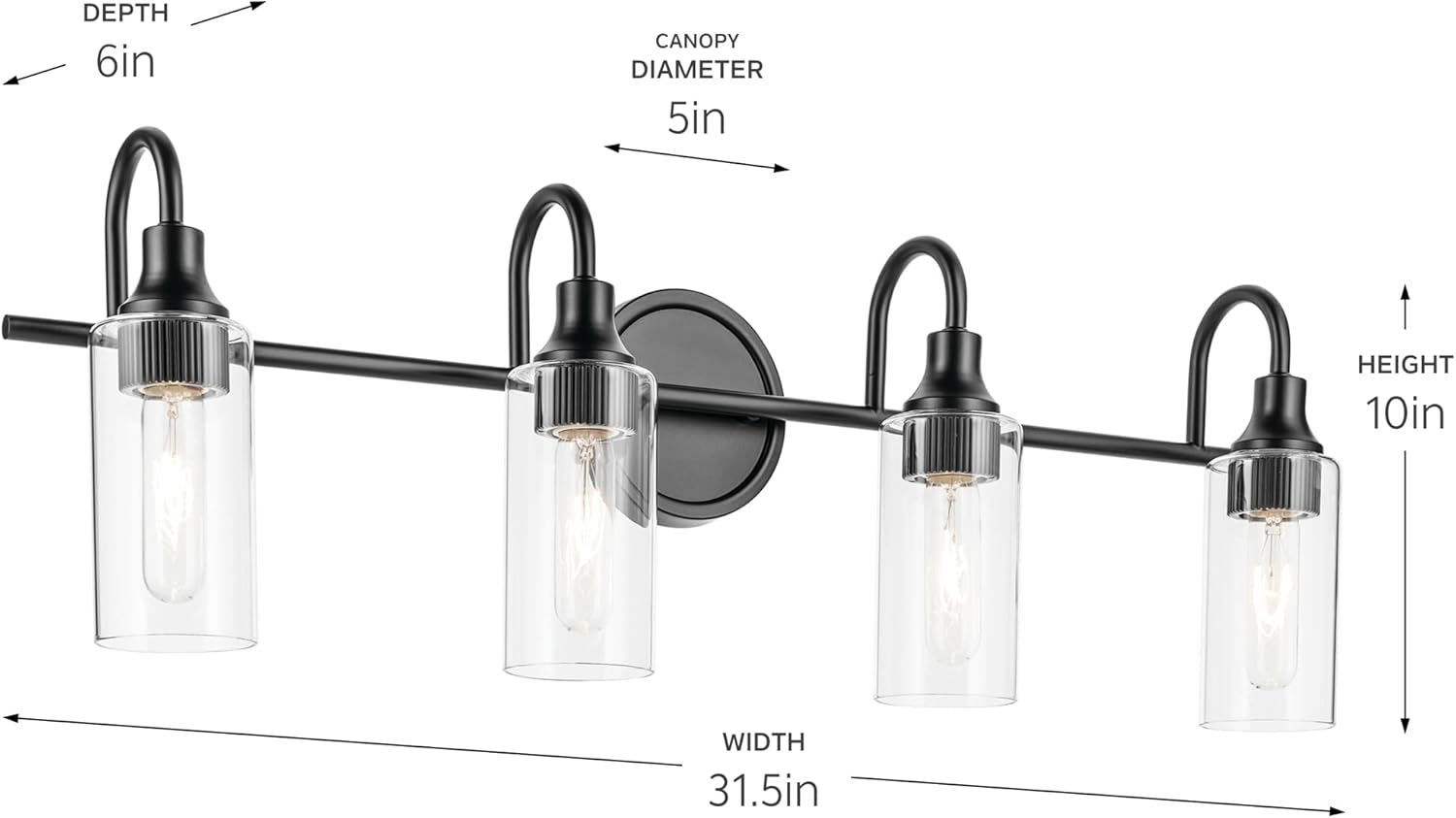 Kichler Kavi 31.5" 4-Light Vanity Light with Clear Glass in Black, Damp Rated, for Bathroom, Powder Room, Over a Mirror, (31.5" W x 10" H), 55212BK