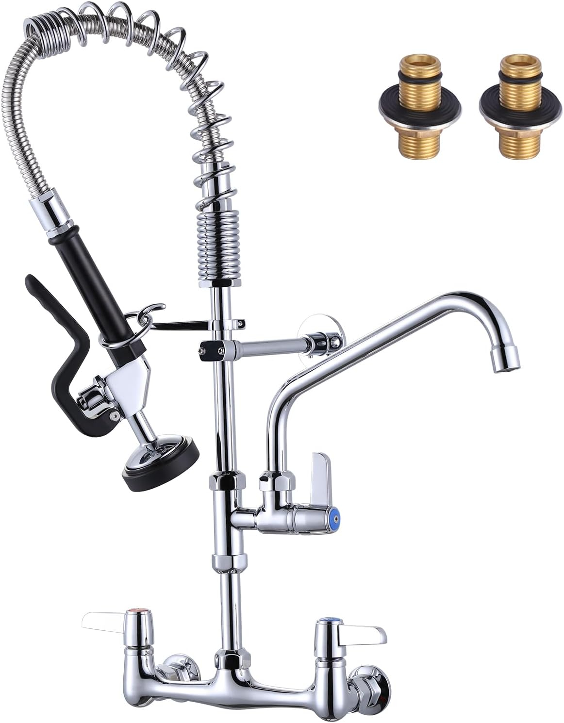 Commercial Kitchen Sink Faucet with Pull Down Sprayer, Pre-Rinse Wall Mount Faucet Chrome Commercial Kitchen Faucets with Sprayer 25" Height Water Faucets with 9.6" Add-on Swing Spout for Restaurant