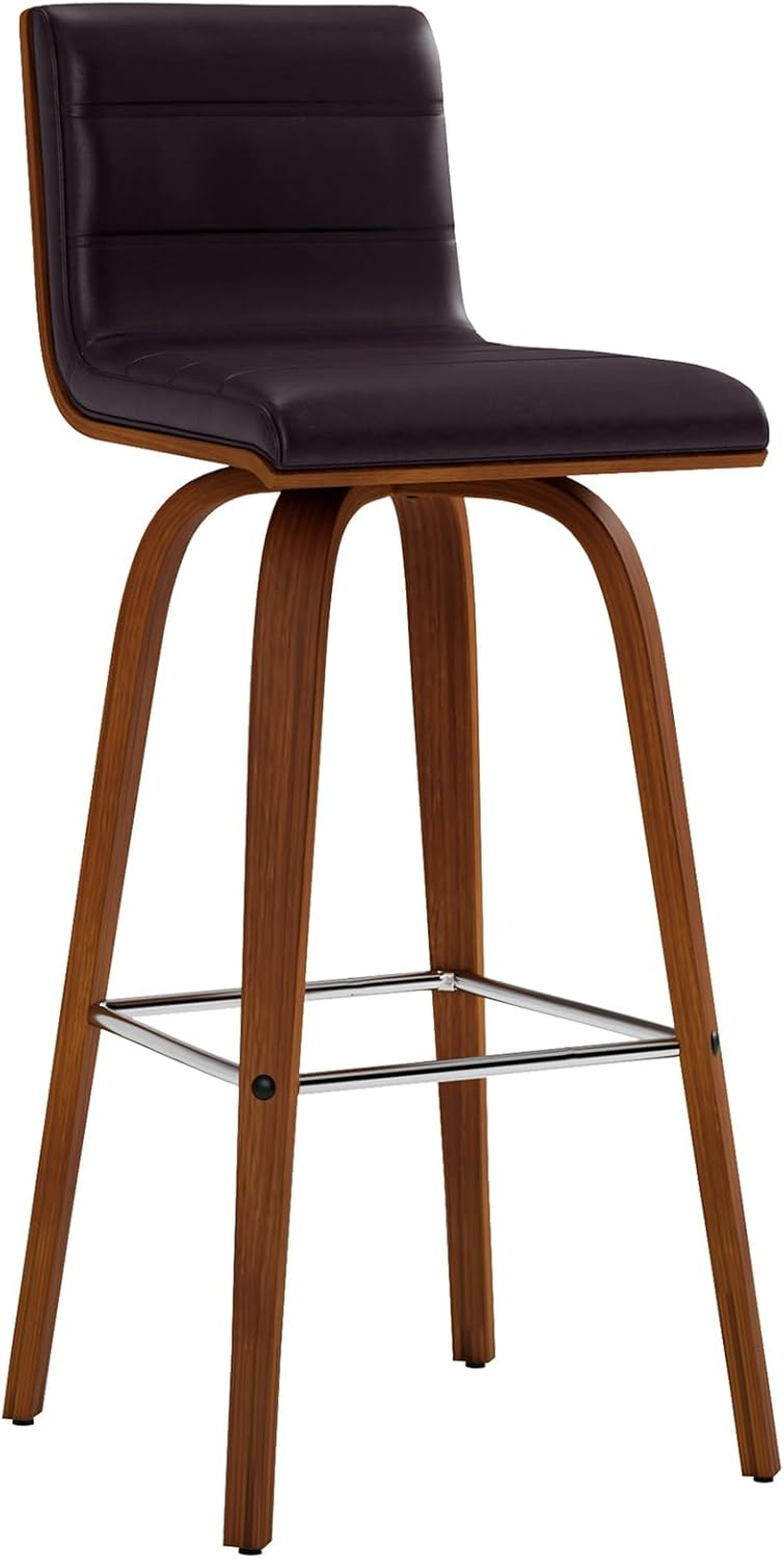 Armen Living 30" Vienna Faux Leather Barstool Brown: Mid-Century Modern, Wood Legs, Padded Back, Fixed Height