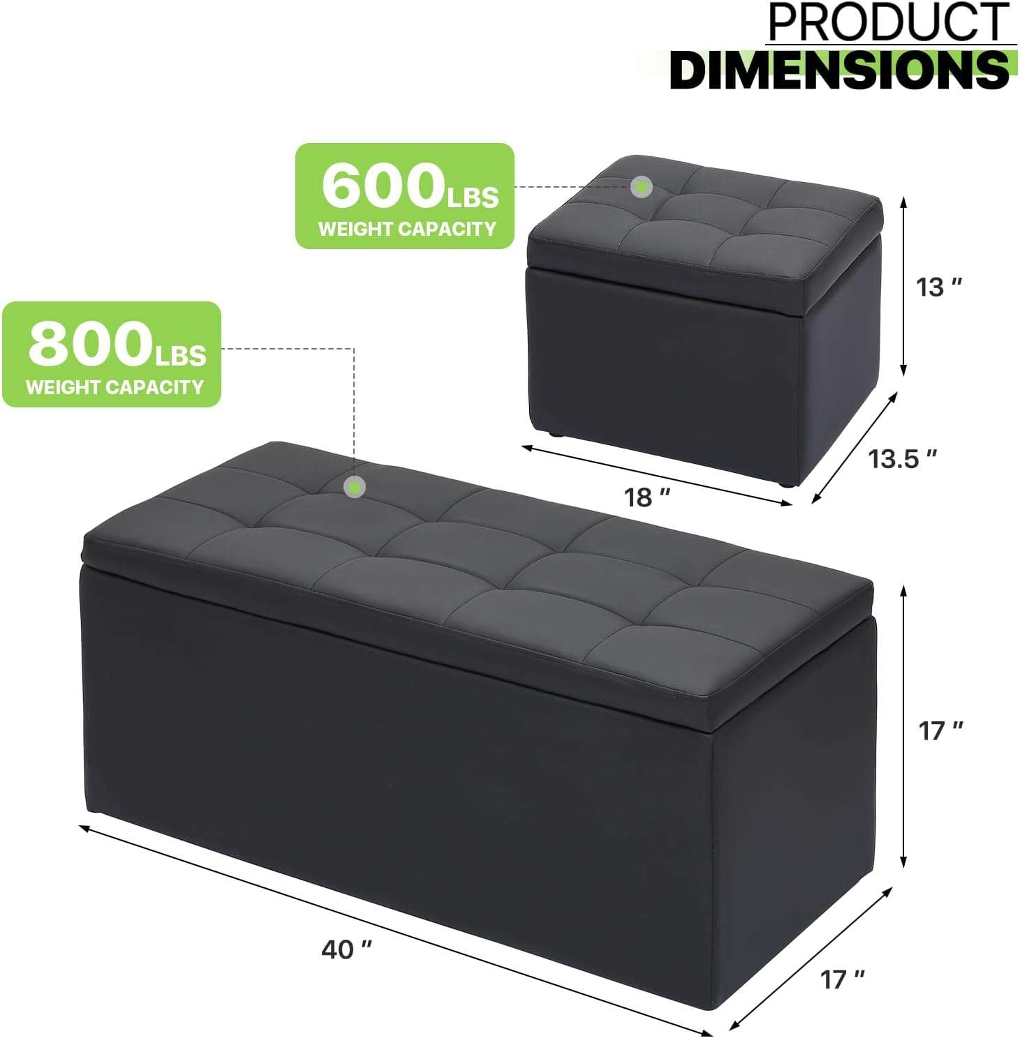 Magshion Rectangular Storage Ottoman Bench Tufted Footrest with Cube Ottomans Set of 3 PU Leather Black