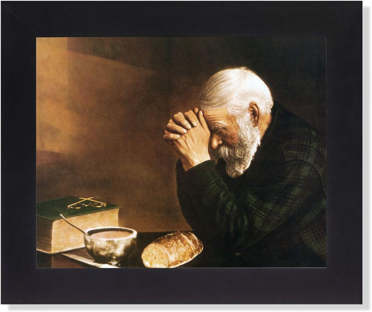 Daily Bread Man Praying Grace Thanksgiving at Dinner Table Grace Religious Art Print 8x10" Black Frame + Glass Sentimental Gift Ready to Hang Overall Size 10x12"