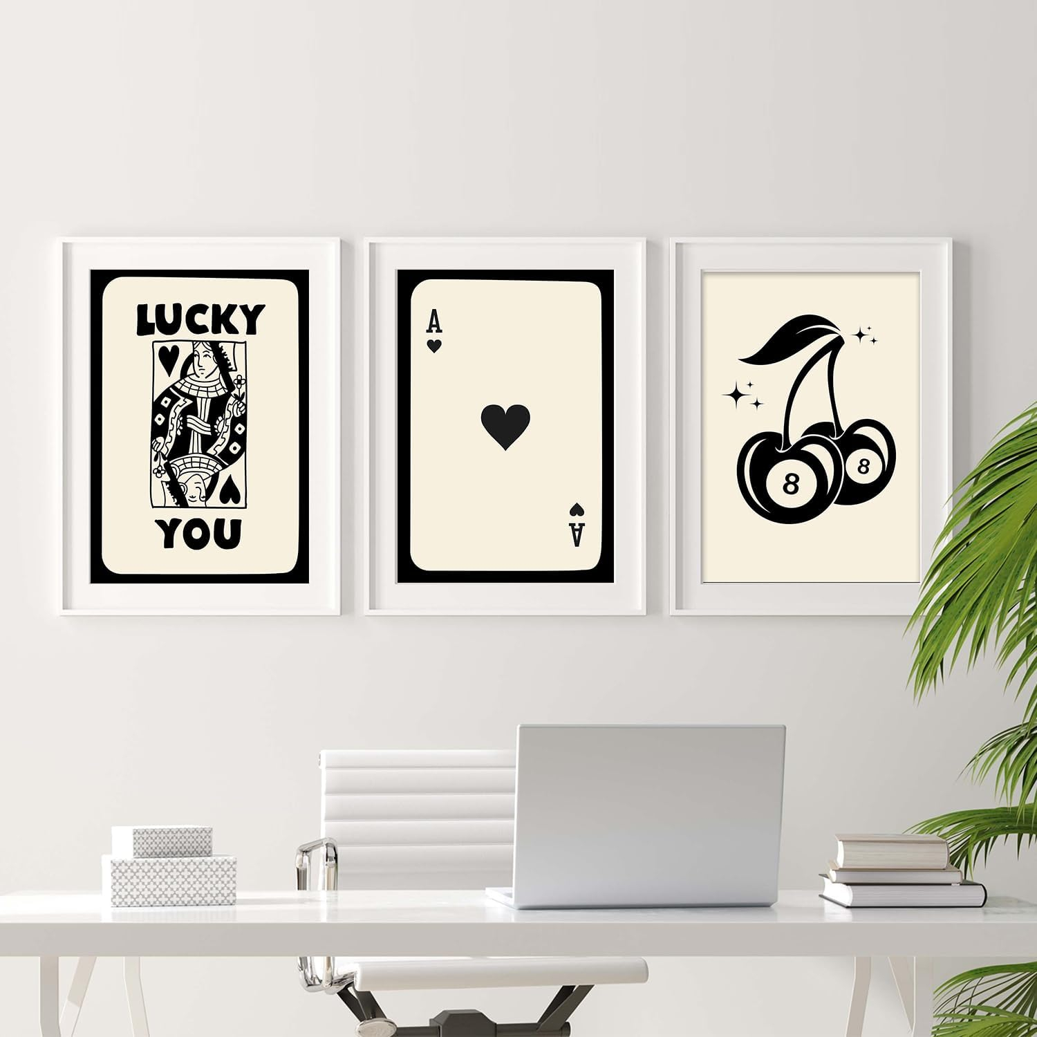 3 Piece Trendy Retro Feeling Lucky You Poster Funky 8 Ball Dice Cherry Canvas Wall Art Queen Poker Prints Poster for Room Aesthetic Girl Dorm Bedroom Wall Decor Trendy Set of 3 Unframed 12x16Inch