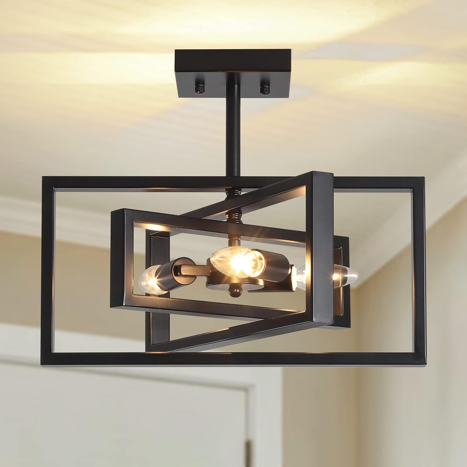 Black Semi Flush Mount Ceiling Light Fixture, 3-Light Modern Farmhouse Ceiling Light, Industrial Metal Chandelier Ceiling Lamp for Kitchen Entryway Bedroom Foyer Hallway, E26 Socket