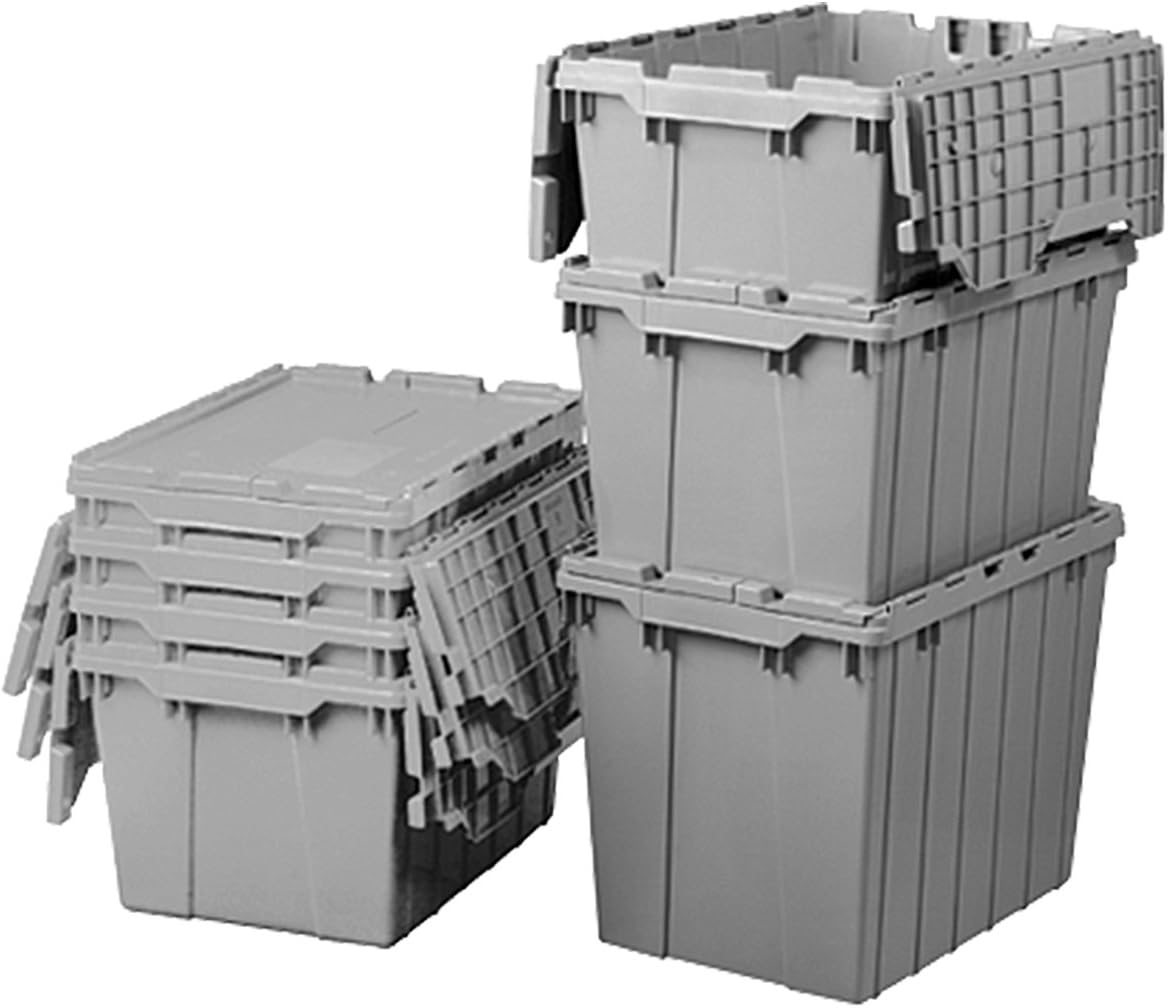 Gray Industrial Plastic Stackable Storage Tote with Lid