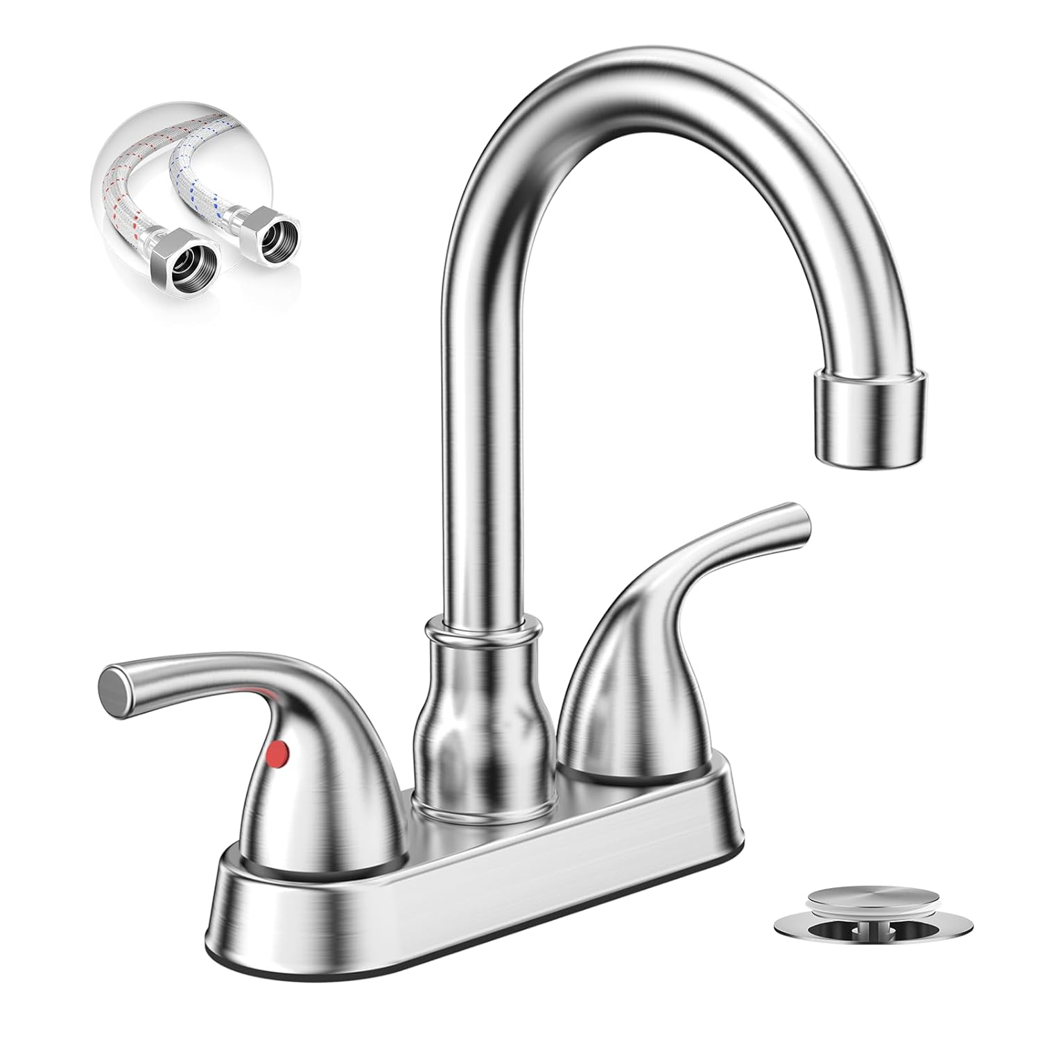 Phiestina Centerset 4 Inch 2 or 3 Holes Brushed Nickel Bathroom Faucet, Vanity Sink Faucet with 360 Swivel Spout, Metal Pop-up Drain and Water Supply Lines, JC180-BN